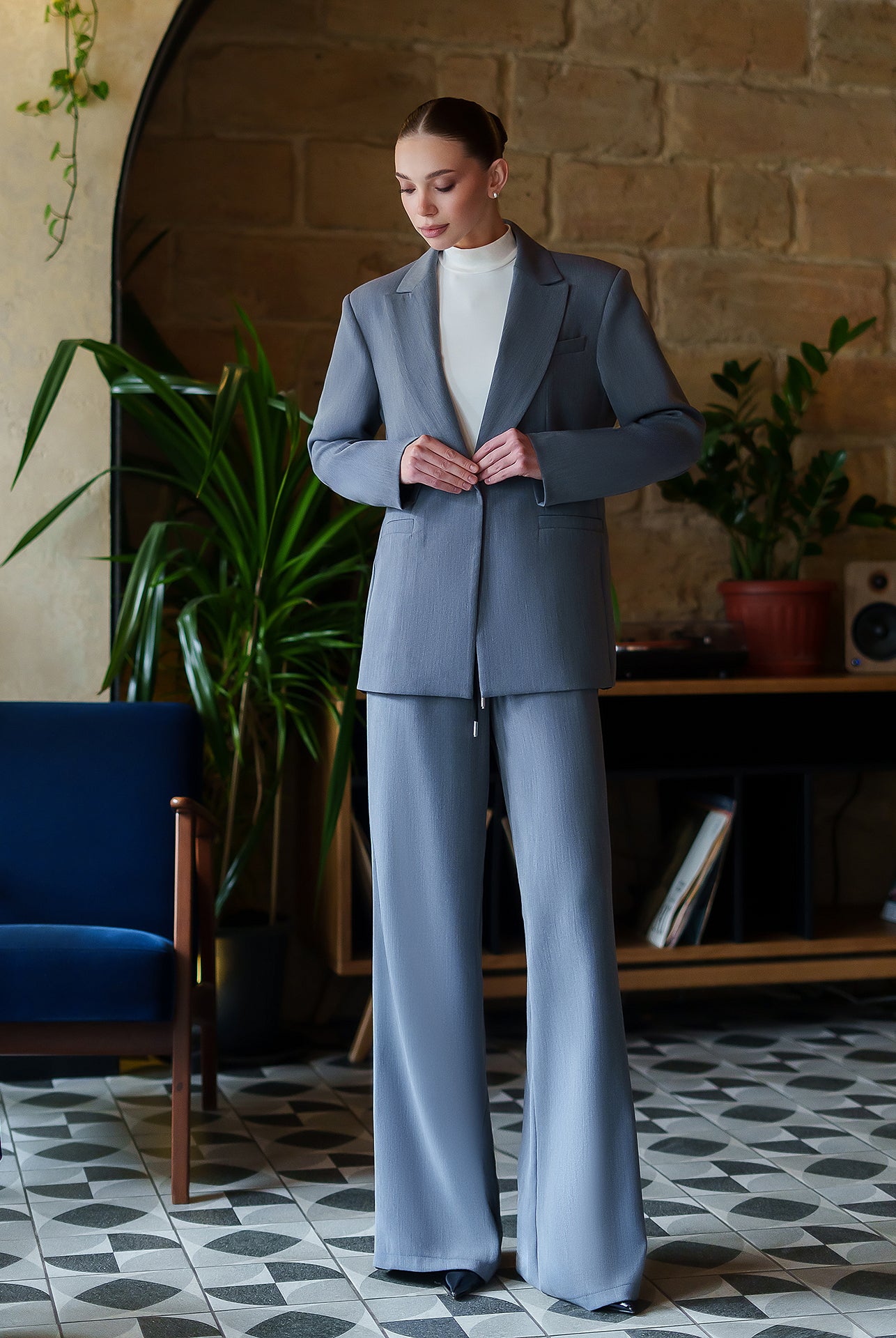 Monica Grey Peak Lapel Wide-Leg Suit 3-Piece - front view | ELAGIA