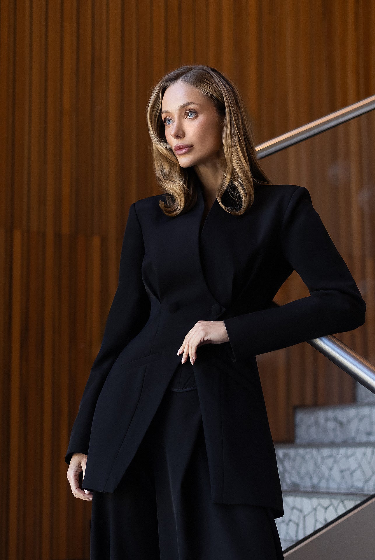 ELAGIA Avra Black Asymmetric Double-Breasted Longline Blazer Suit 2-Piece lapel detail - purple business suit women cut