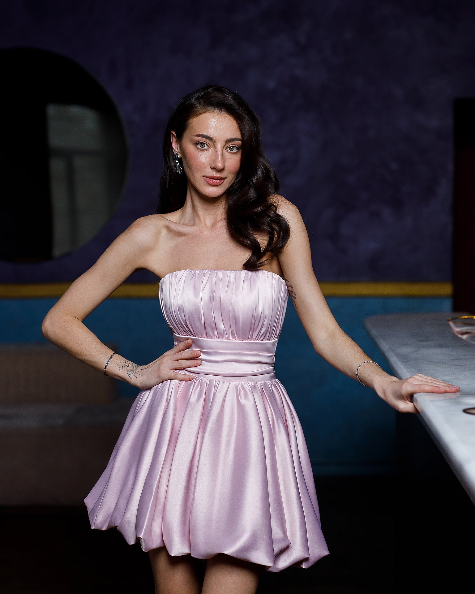 Monica Dusty Pink Satin Strapless Mini Dress - view 6 | ELAGIA