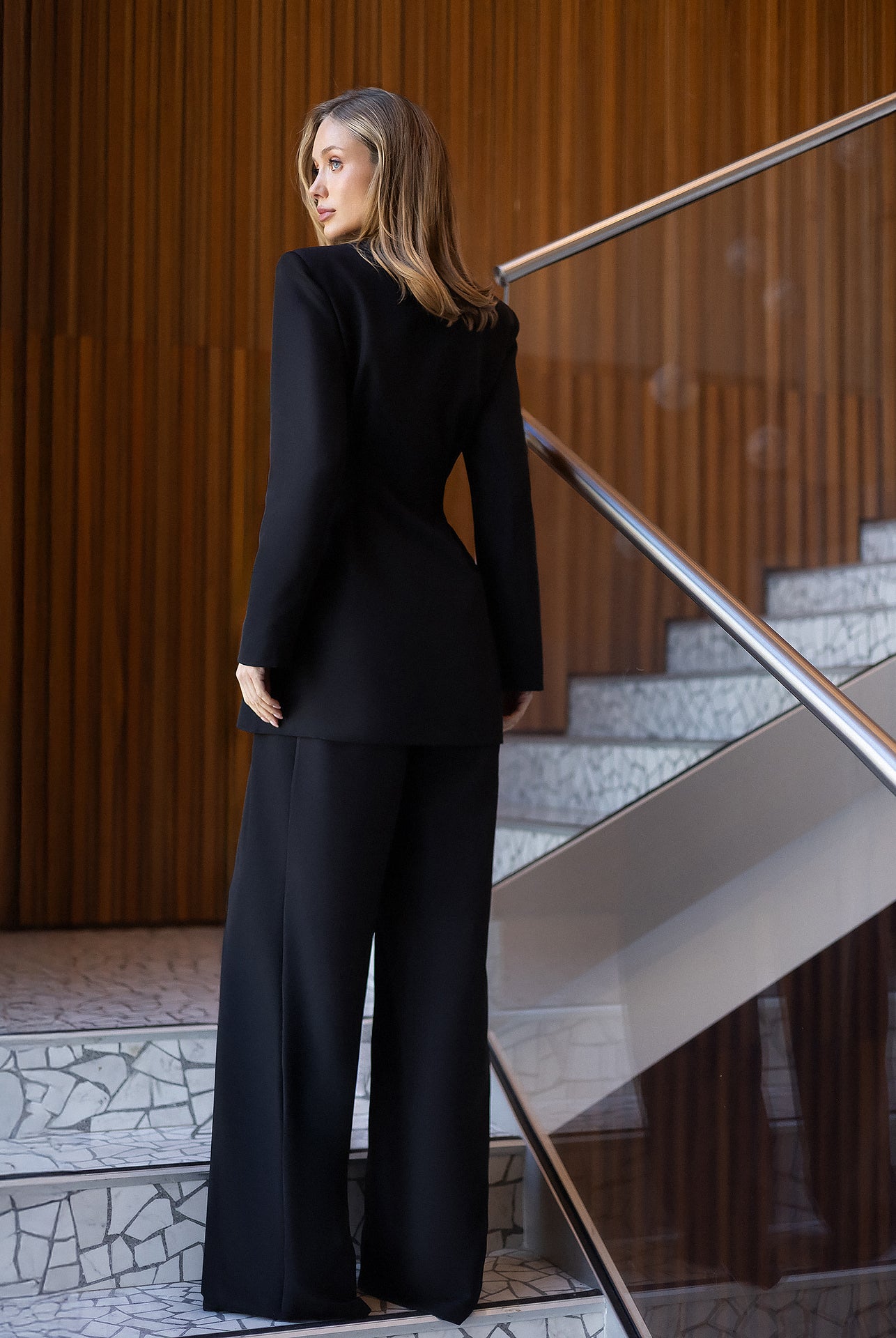 ELAGIA Avra Black Asymmetric Double-Breasted Longline Blazer Suit 2-Piece sleeve detail - 3 piece women's suit design