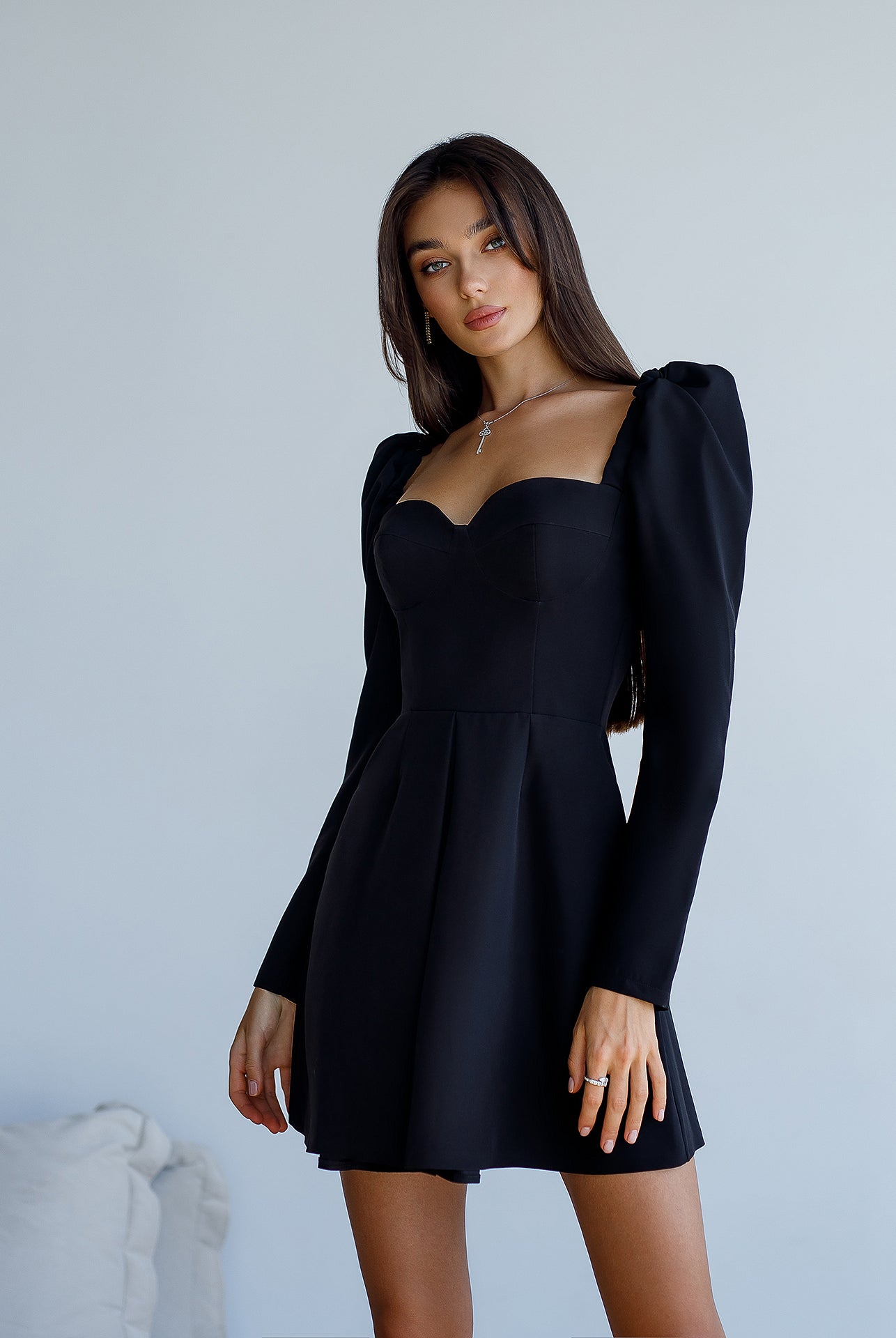 Black Sweetheart Puff-Sleeve Mini Dress - view 6 | ELAGIA