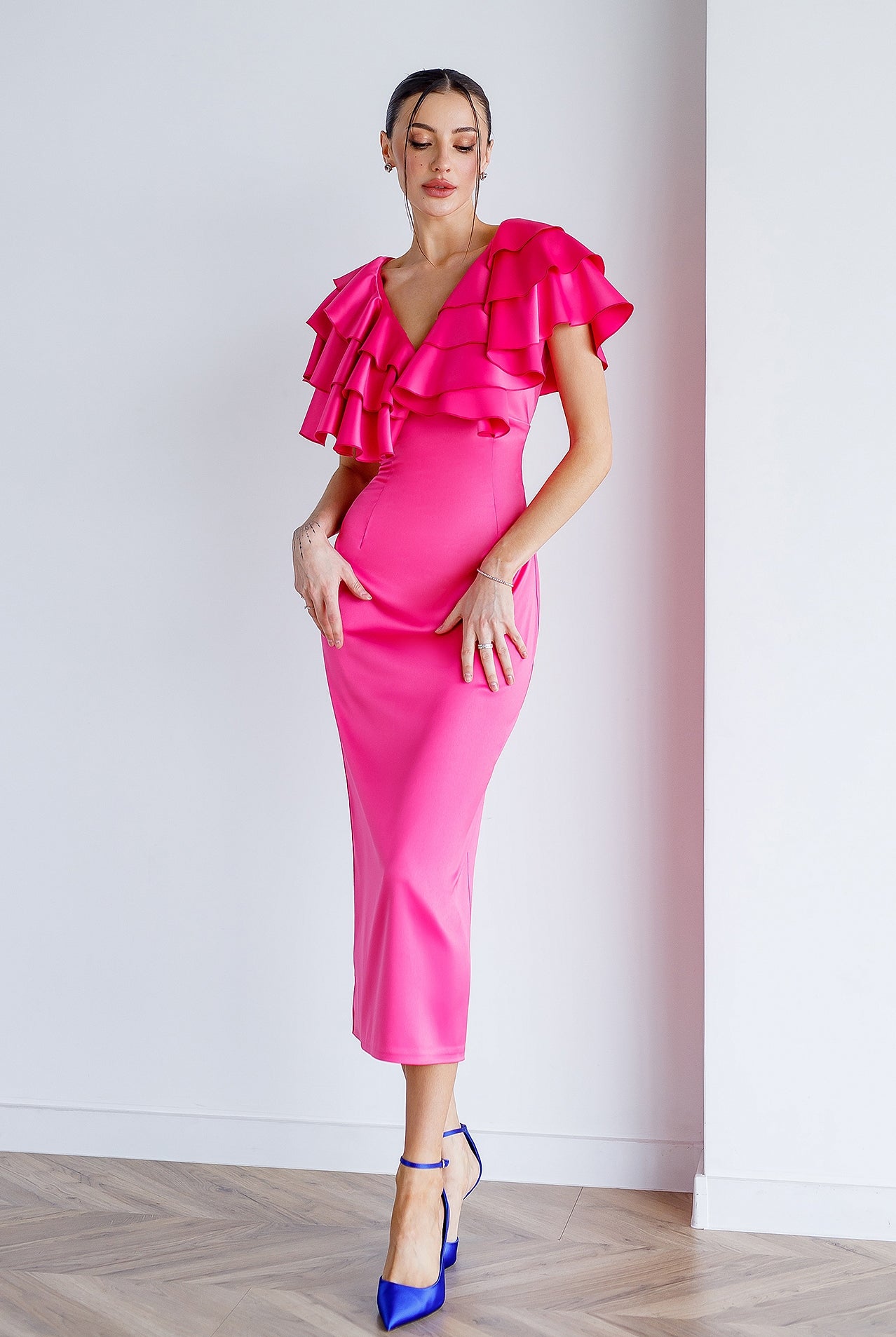 Crimson Satin Ruffled V-Neck Midi Dress - front view | ELAGIA