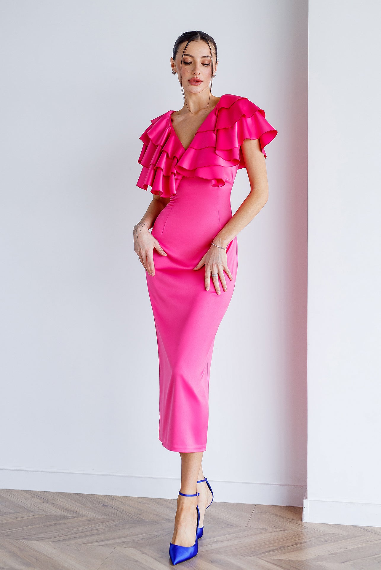Crimson Satin Ruffled V-Neck Midi Dress - styled look | ELAGIA