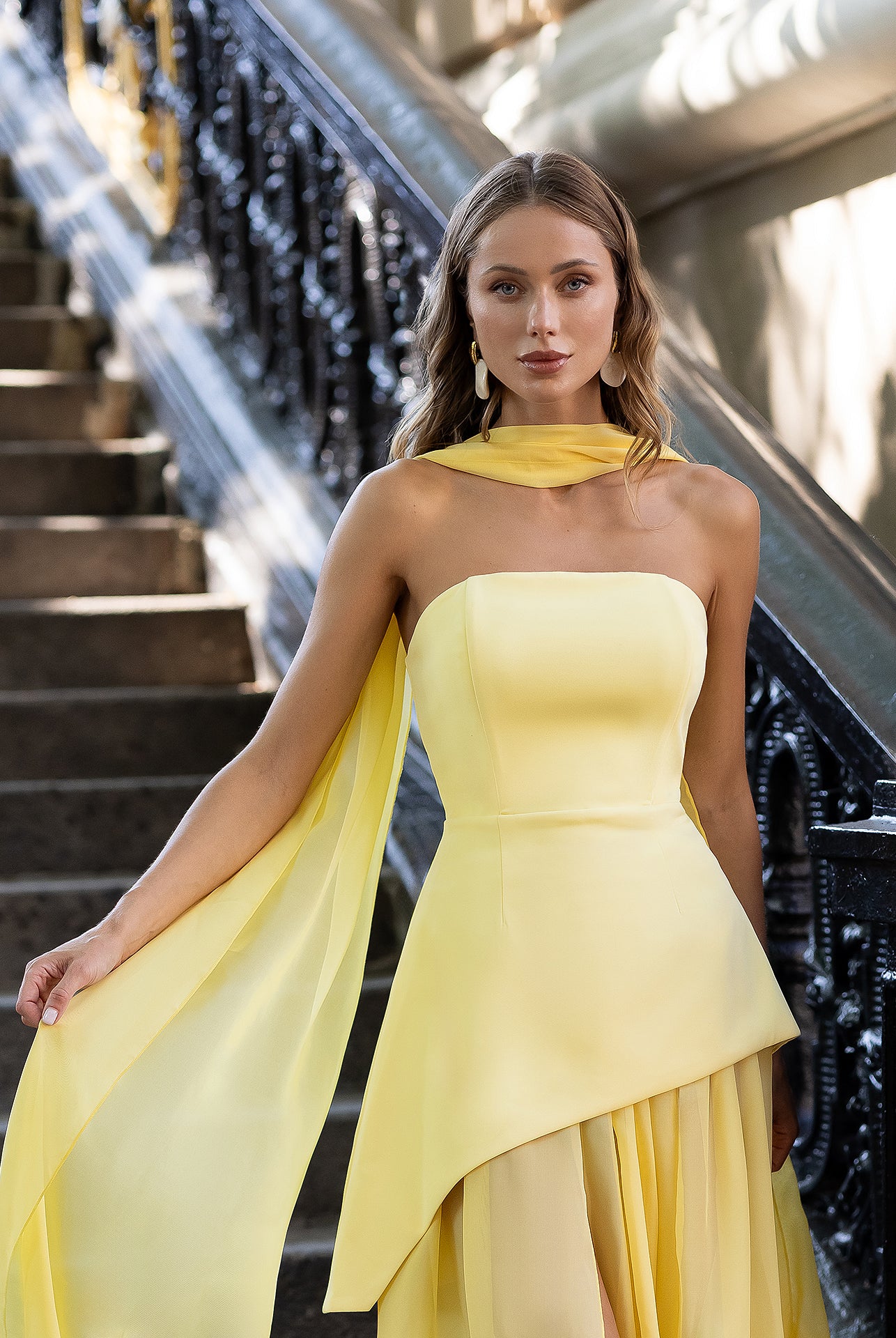 Yellow Strapless Back Scarf Overskirt Maxi Dress - view 8 | ELAGIA
