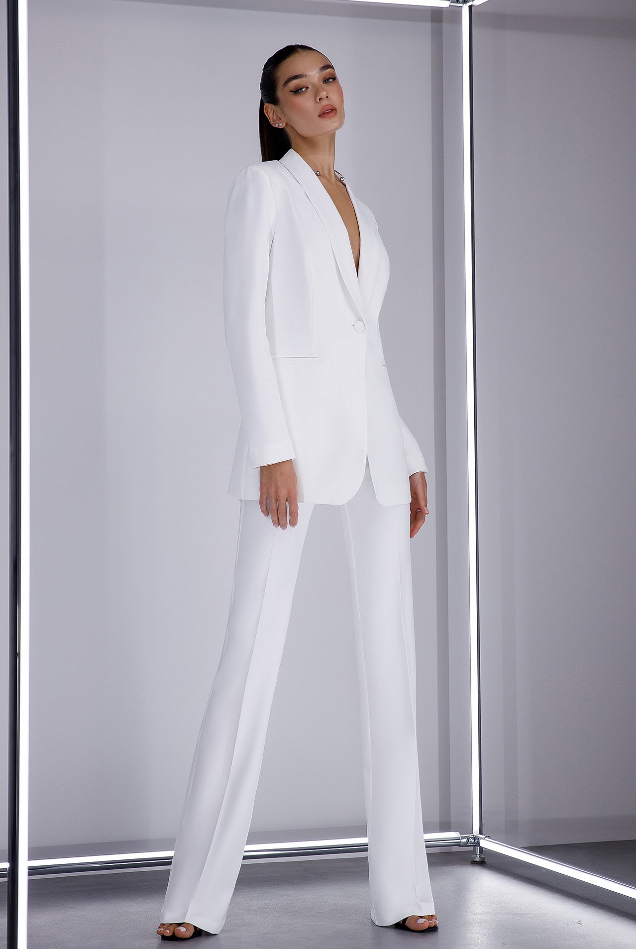 ELAGIA white shawl lapel suit 2-piece front view - crisp professional 3 piece women's suit alternative