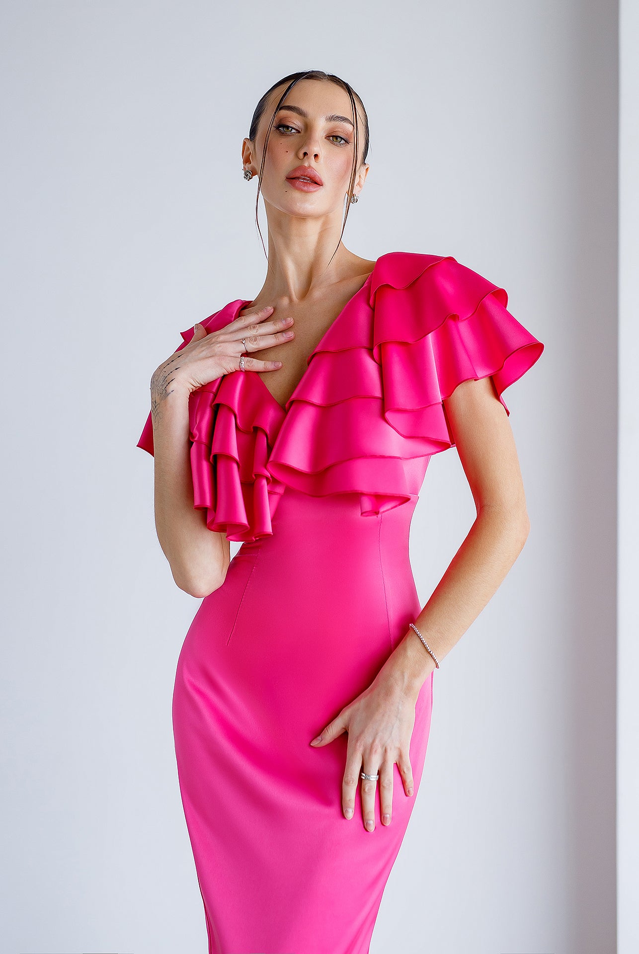 Crimson Satin Ruffled V-Neck Midi Dress - close-up detail | ELAGIA