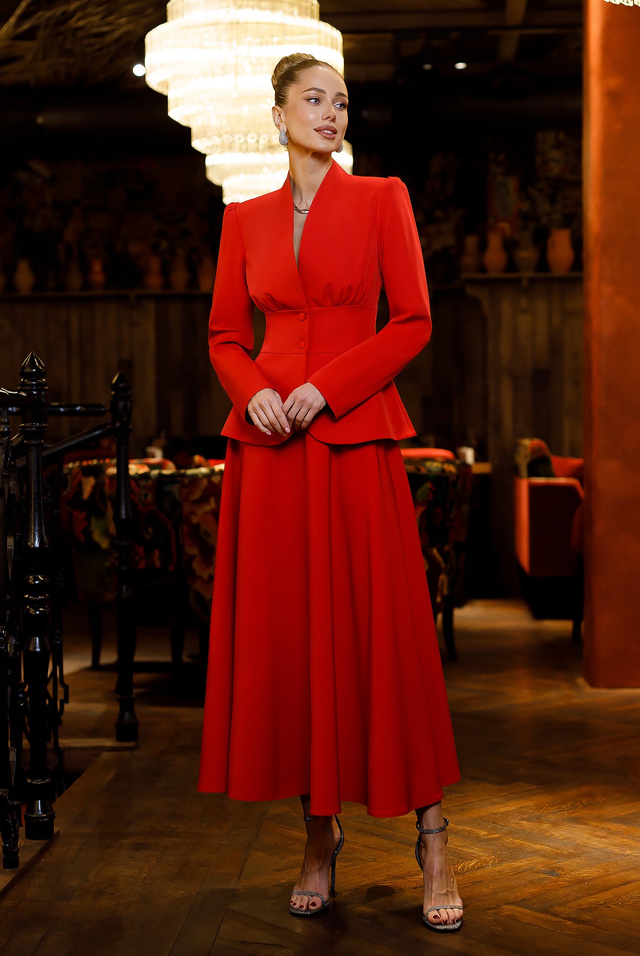 Stella Red Collarless Jacket Midi Skirt Suit 2-Piece - close-up detail | ELAGIA