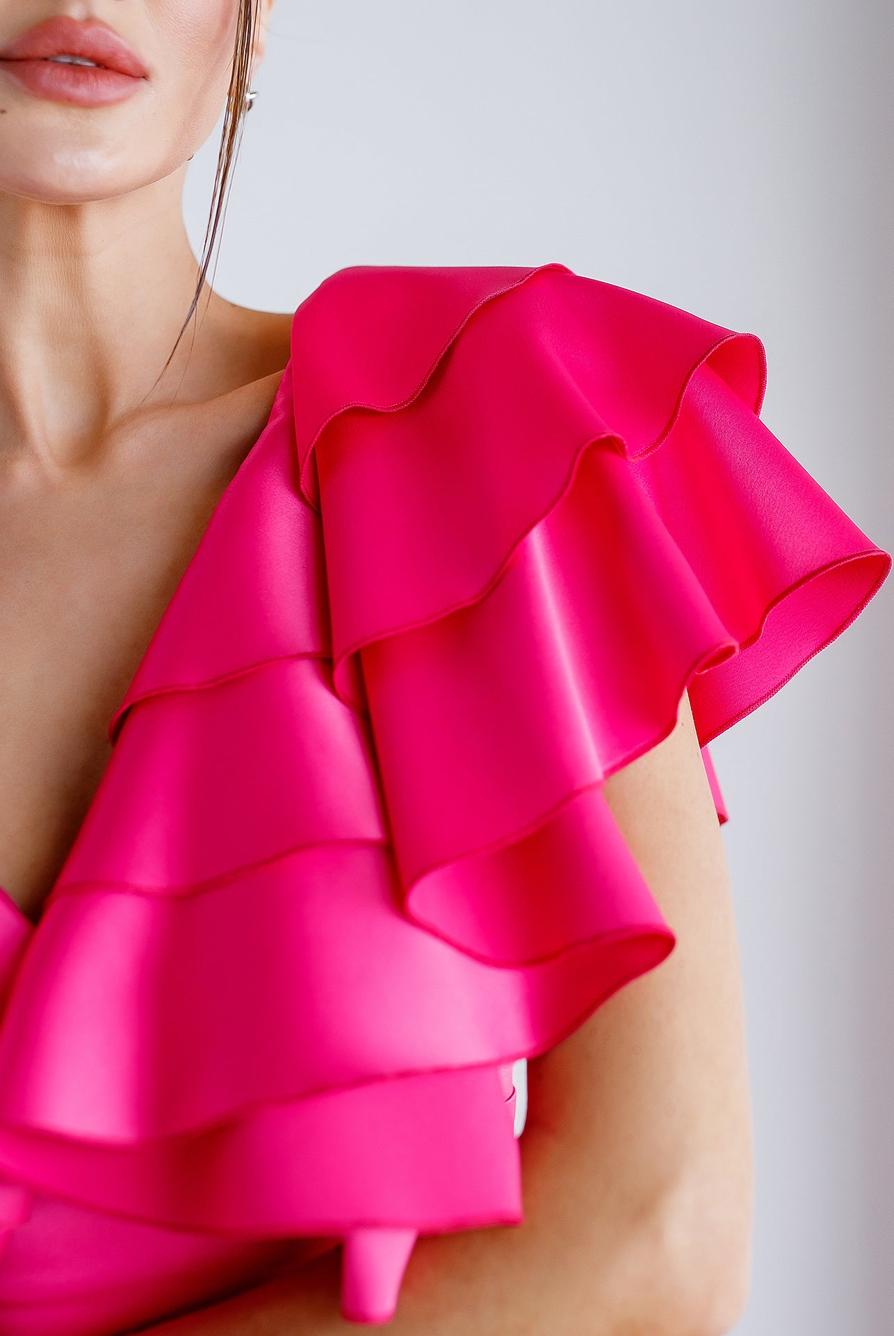 Crimson Satin Ruffled V-Neck Midi Dress - side view | ELAGIA