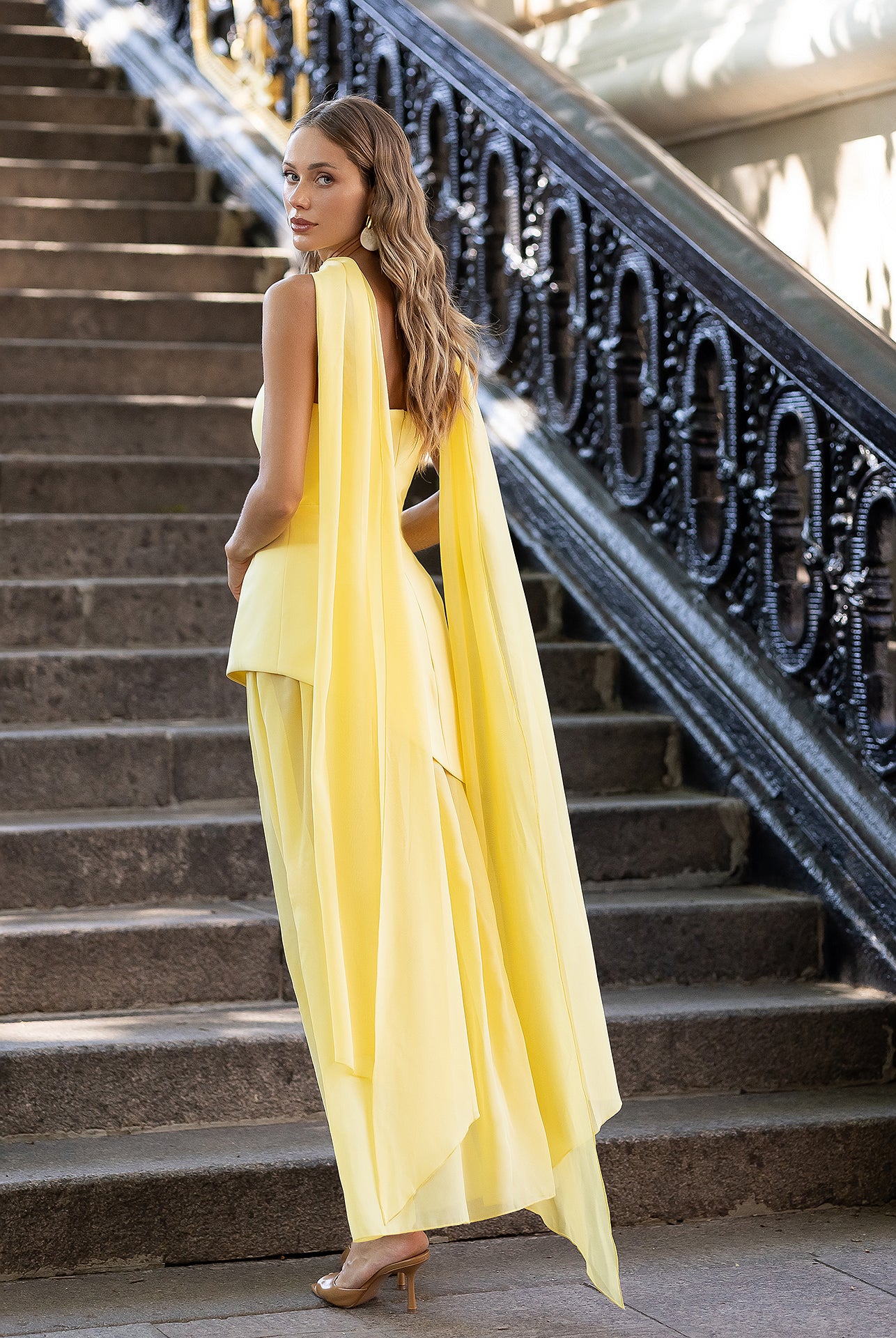 Yellow Strapless Back Scarf Overskirt Maxi Dress - view 7 | ELAGIA