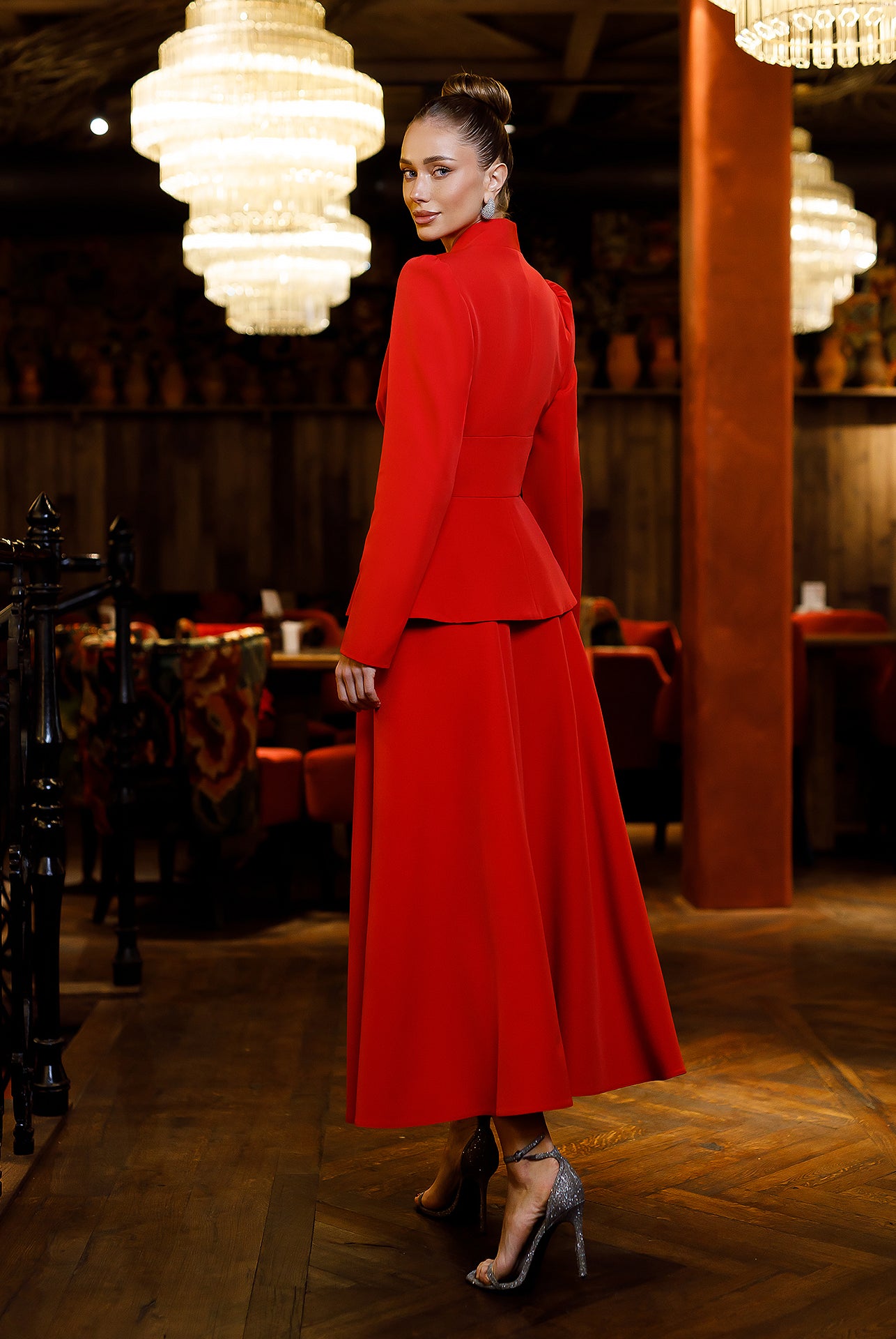 Stella Red Collarless Jacket Midi Skirt Suit 2-Piece - styled look | ELAGIA