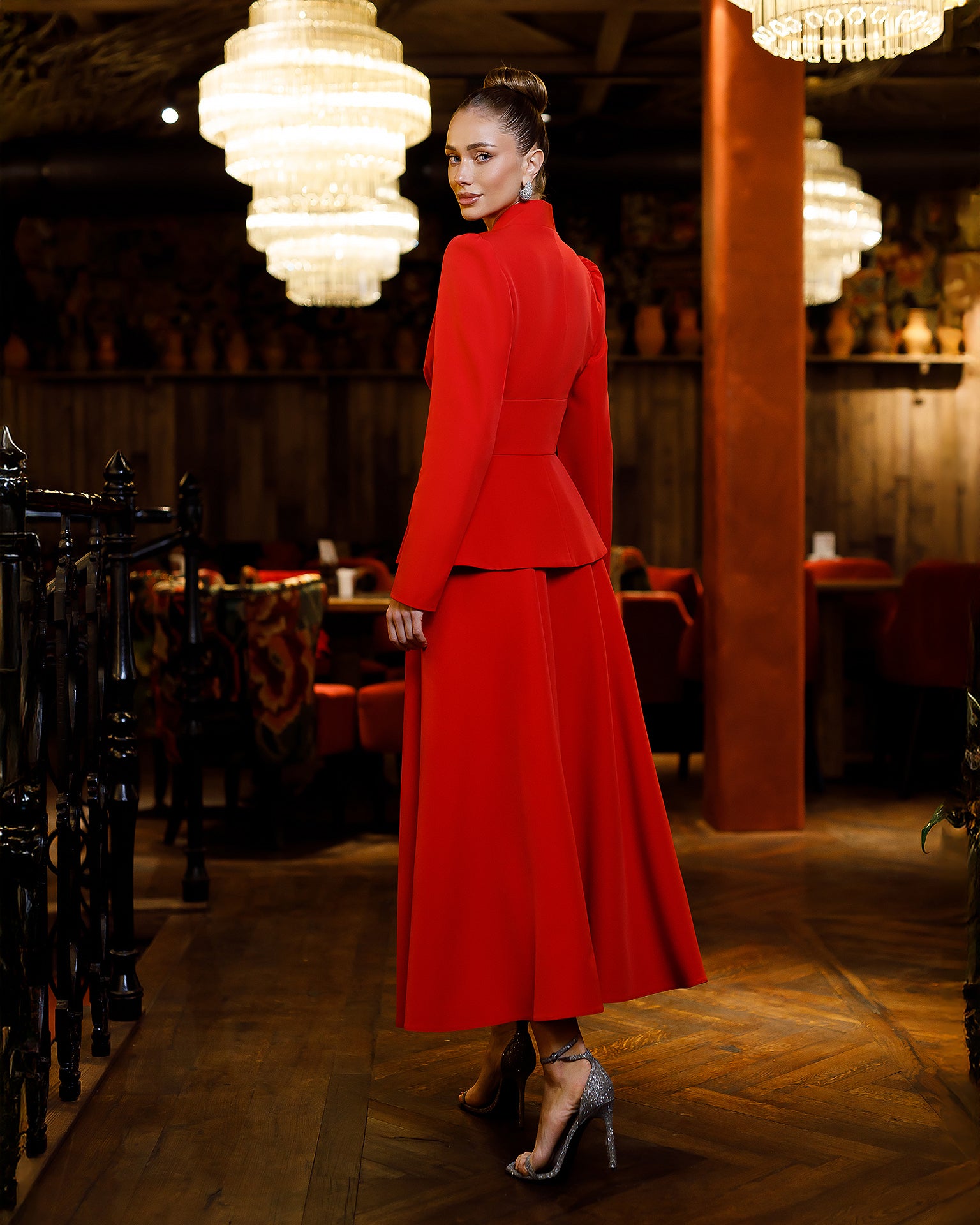 Stella Red Collarless Jacket Midi Skirt Suit 2-Piece - styled look | ELAGIA