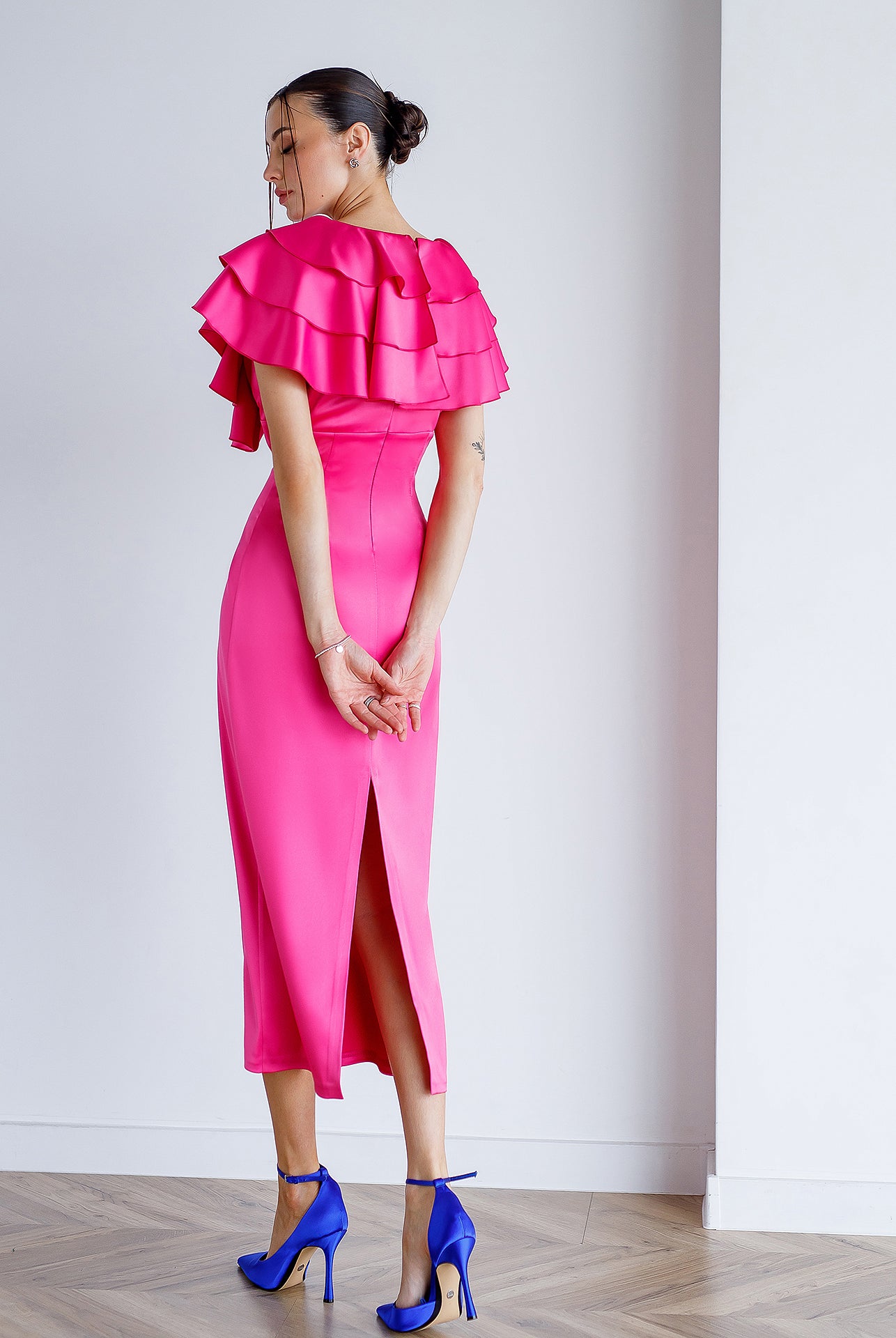 Crimson Satin Ruffled V-Neck Midi Dress - back view | ELAGIA