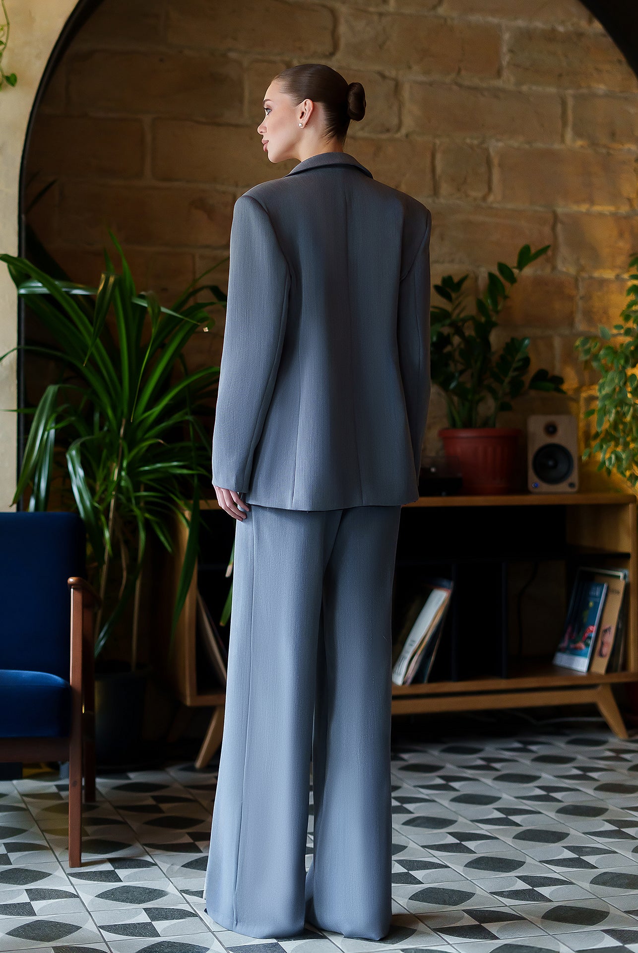 Monica Grey Peak Lapel Wide-Leg Suit 3-Piece - side view | ELAGIA