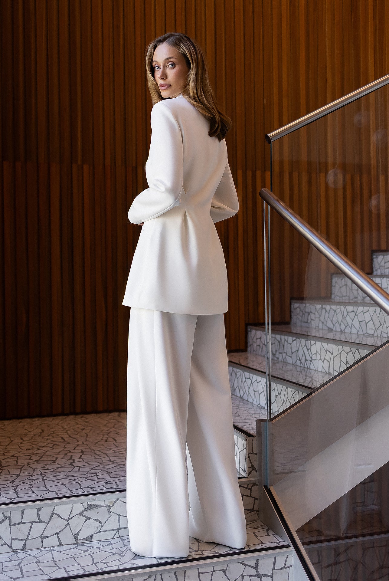 ELAGIA Avra White Asymmetric Double-Breasted Longline Blazer Suit 2-Piece front view - 3 piece women's suit style