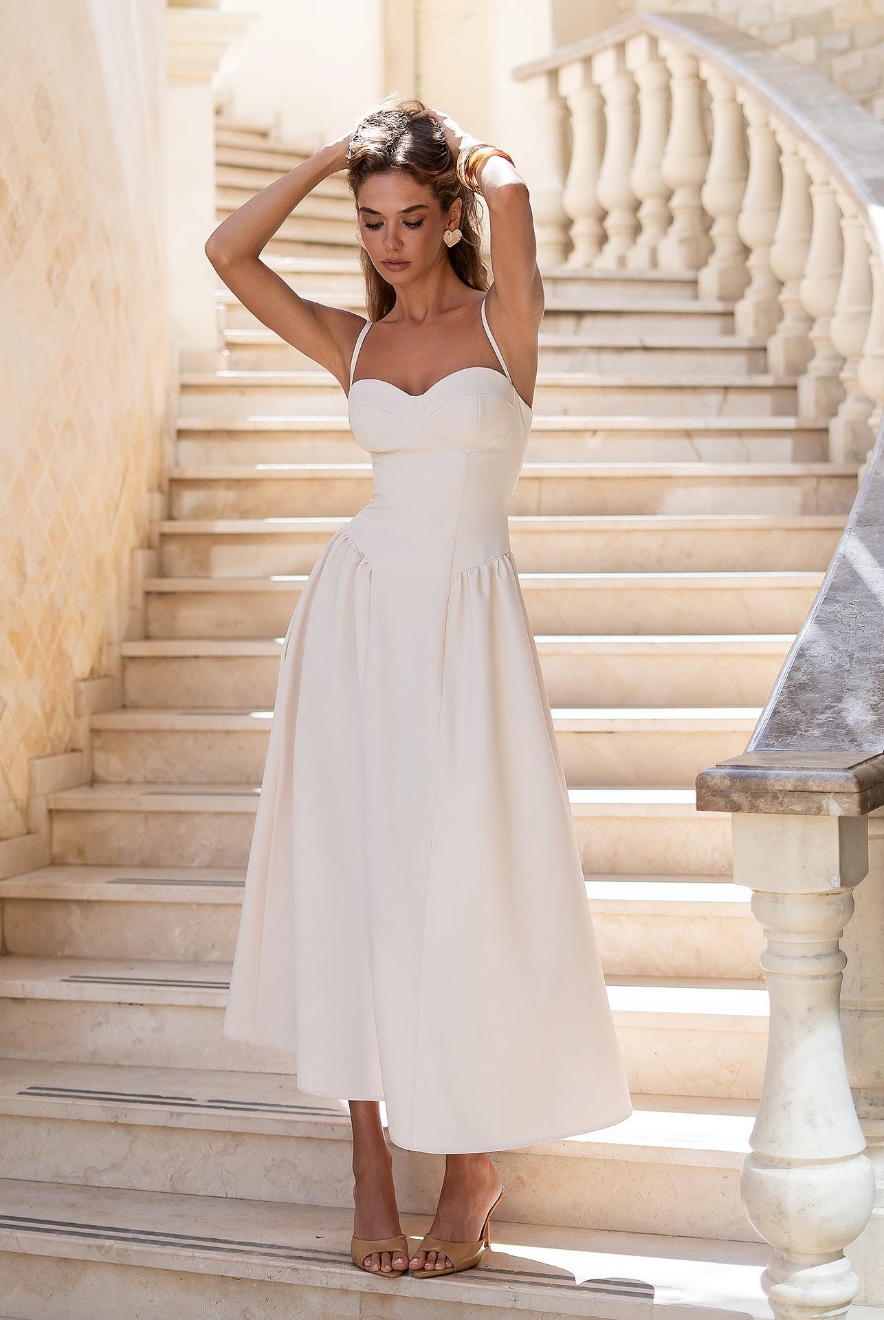 Monica White Strappy Sweetheart Neckline Midi Dress - view 11 | ELAGIA