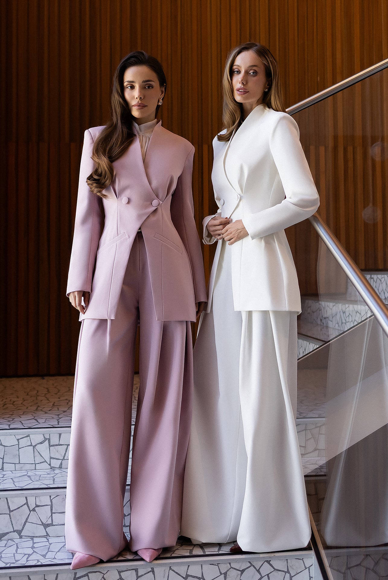 ELAGIA Avra dusty-pink asymmetric double-breasted longline blazer suit 2-piece front view - 3 piece women's suit