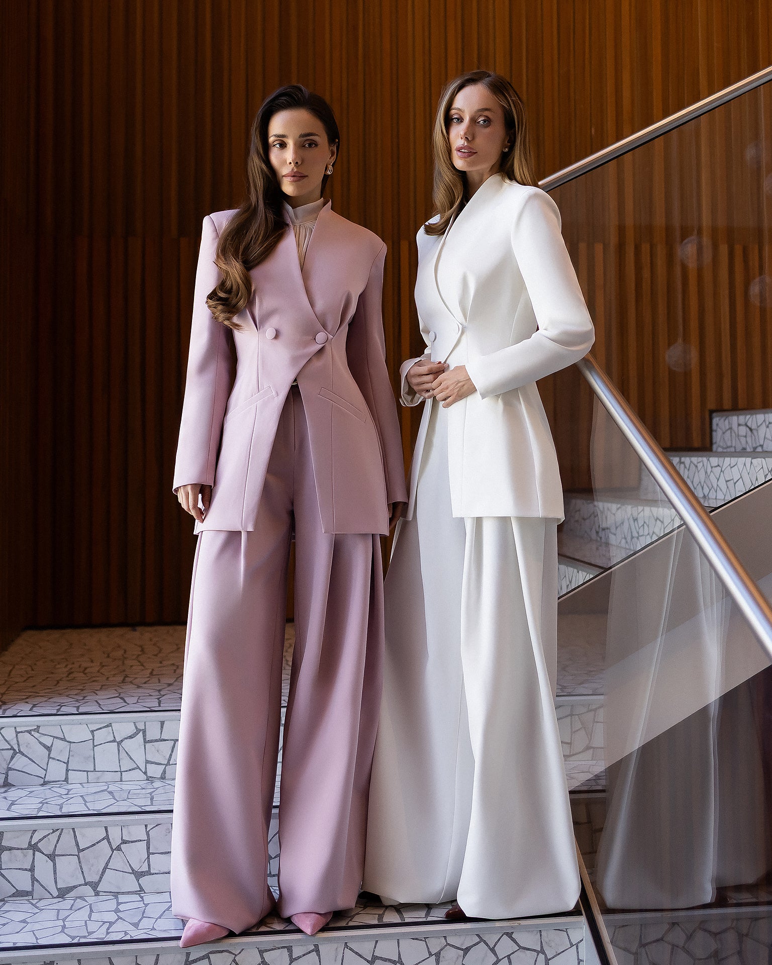 ELAGIA Avra dusty-pink asymmetric double-breasted longline blazer suit 2-piece front view - 3 piece women's suit