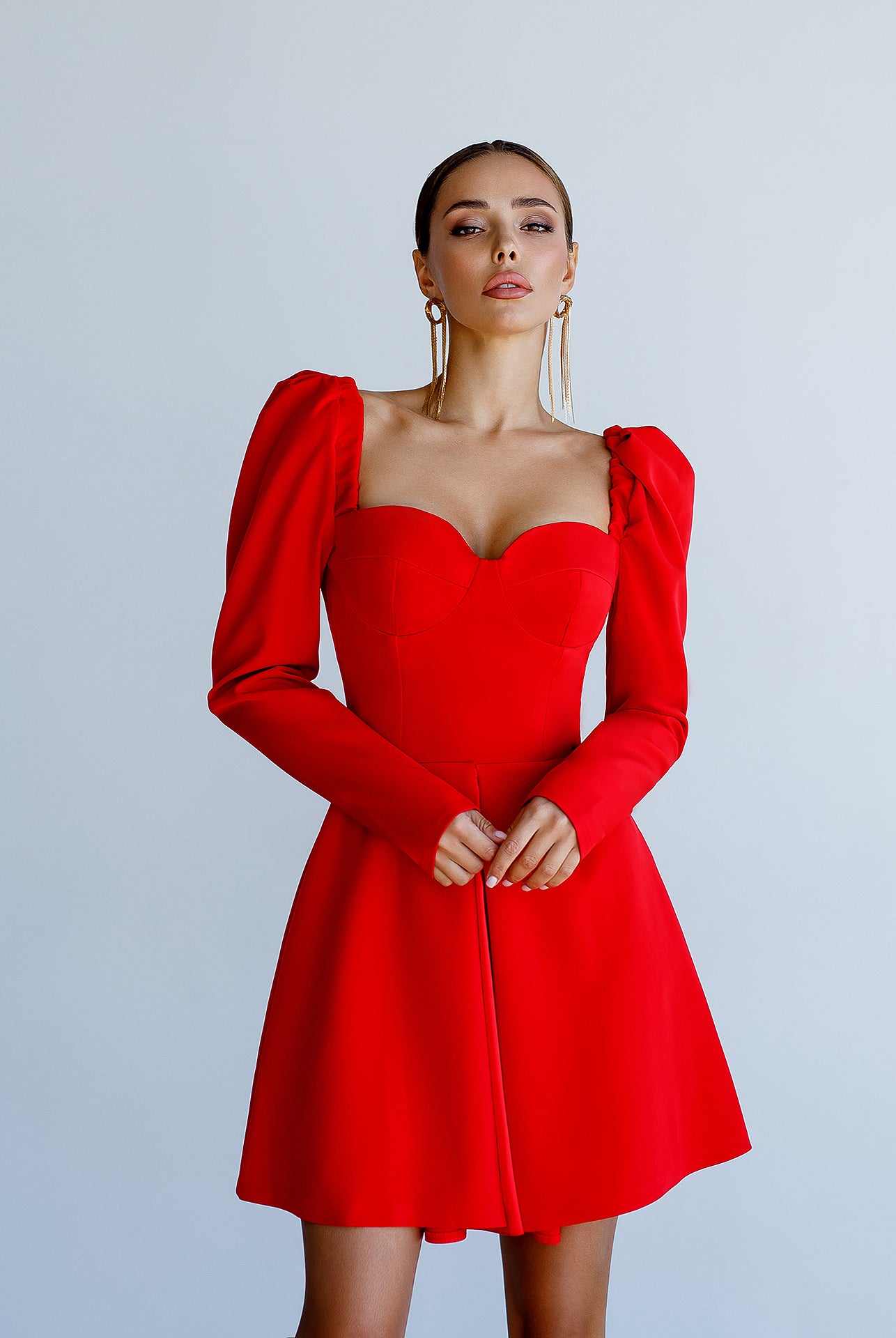 Red Sweetheart Puff-Sleeve Mini Dress - view 7 | ELAGIA