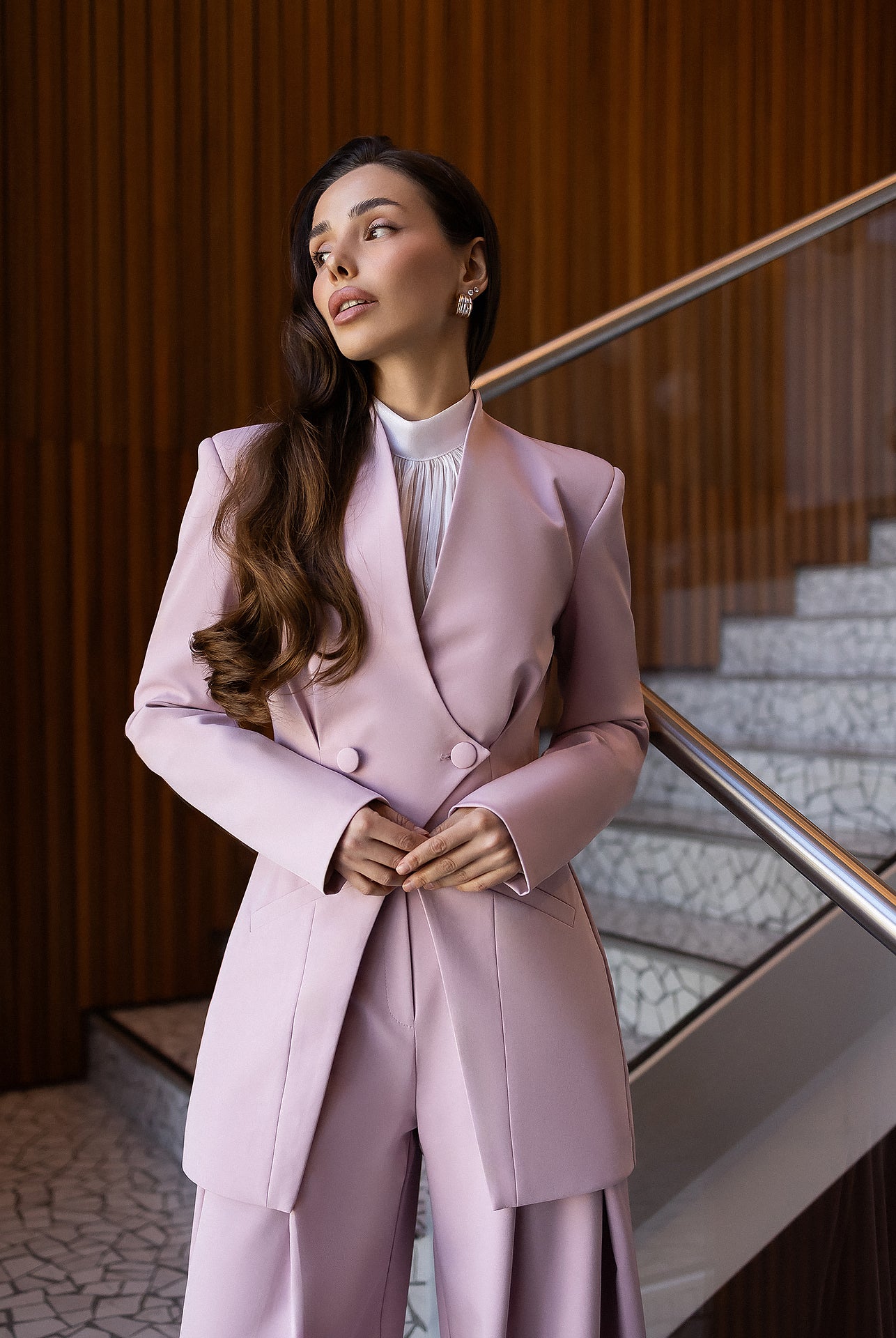 ELAGIA Avra dusty-pink asymmetric double-breasted longline blazer suit 2-piece front view - 3 piece women's suit