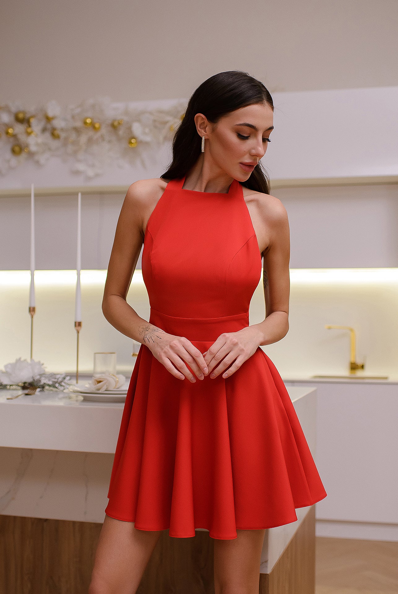 Red Bow Back Mini Dress - close-up detail | ELAGIA