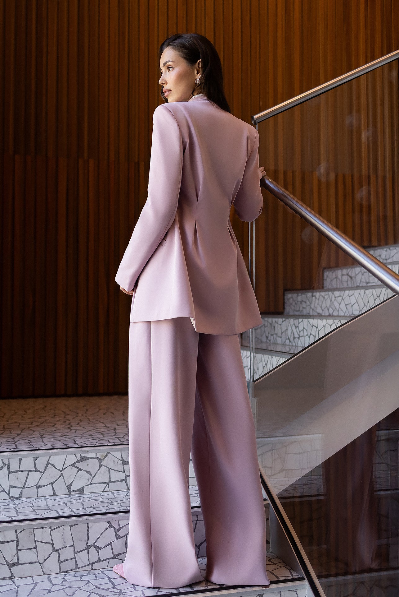 ELAGIA Avra dusty-pink asymmetric double-breasted longline blazer suit 2-piece front view - 3 piece women's suit