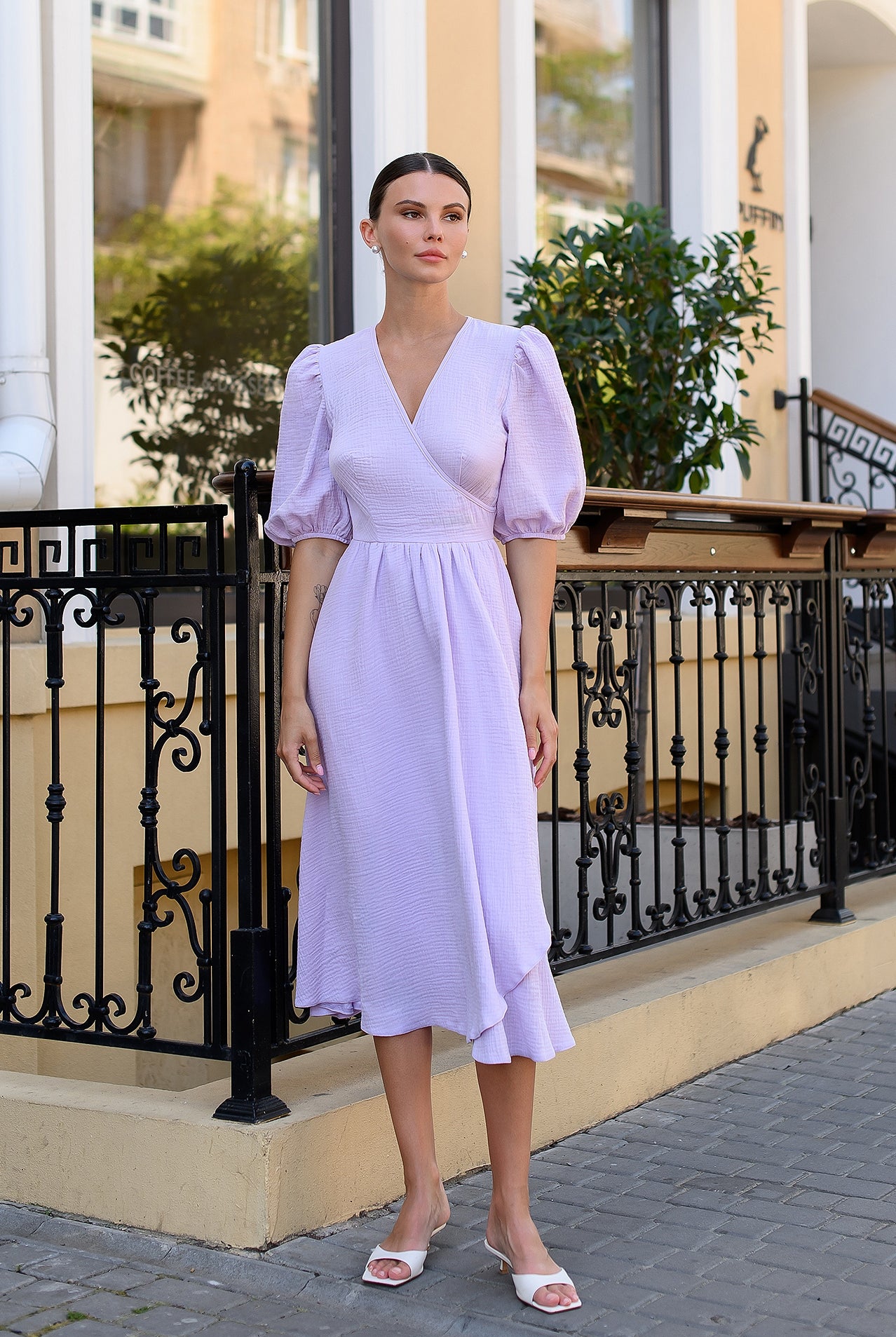 Lavender V-Neck Puff-Sleeve Midi Dress - front view | ELAGIA