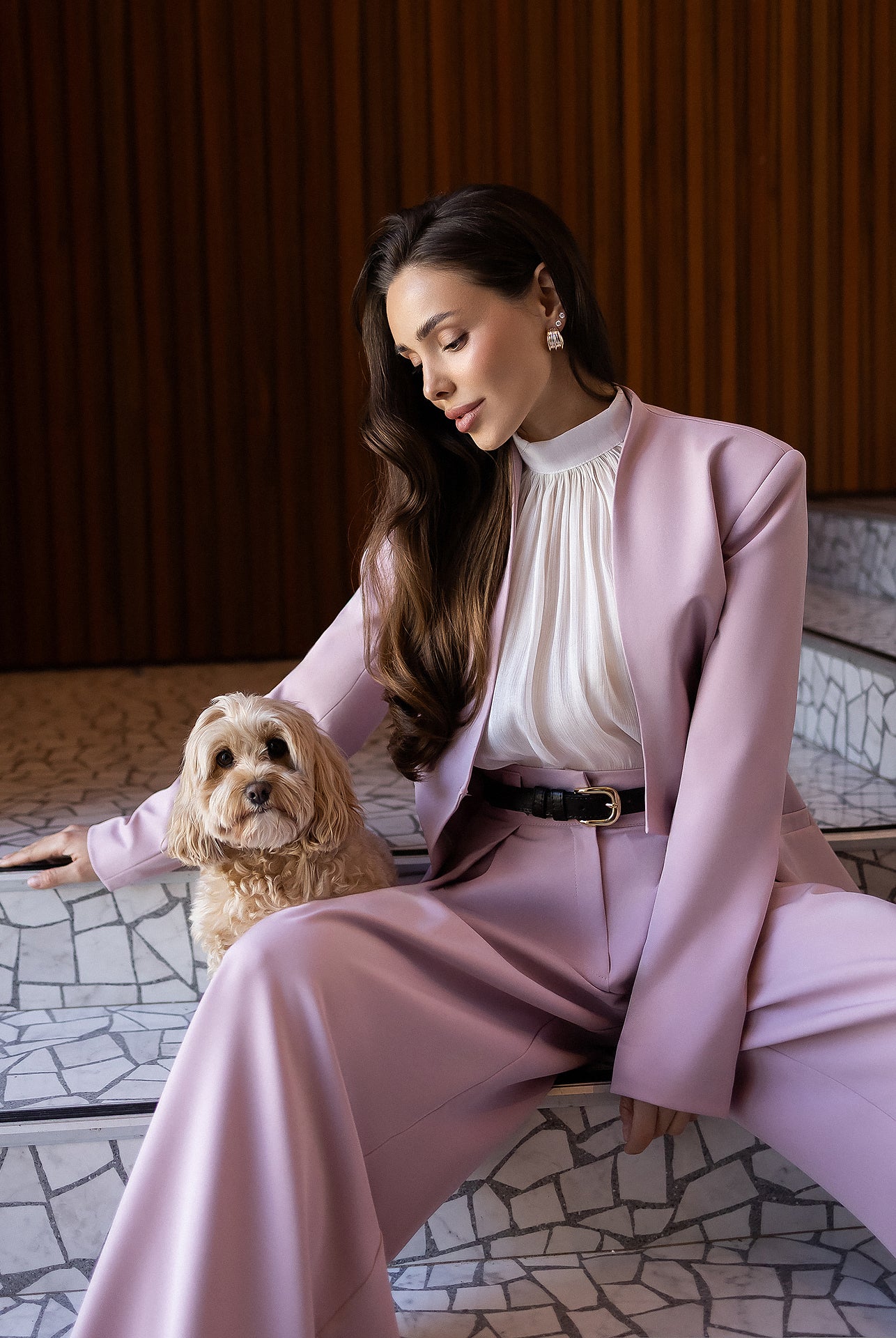 ELAGIA Avra dusty-pink asymmetric double-breasted longline blazer suit 2-piece front view - 3 piece women's suit