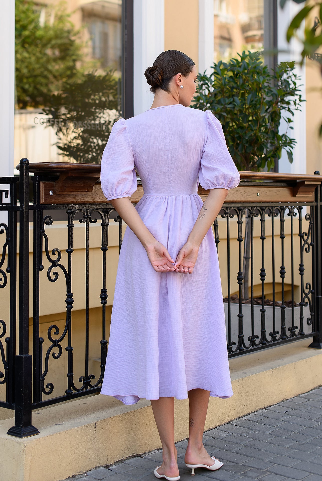 Lavender V-Neck Puff-Sleeve Midi Dress - side view | ELAGIA