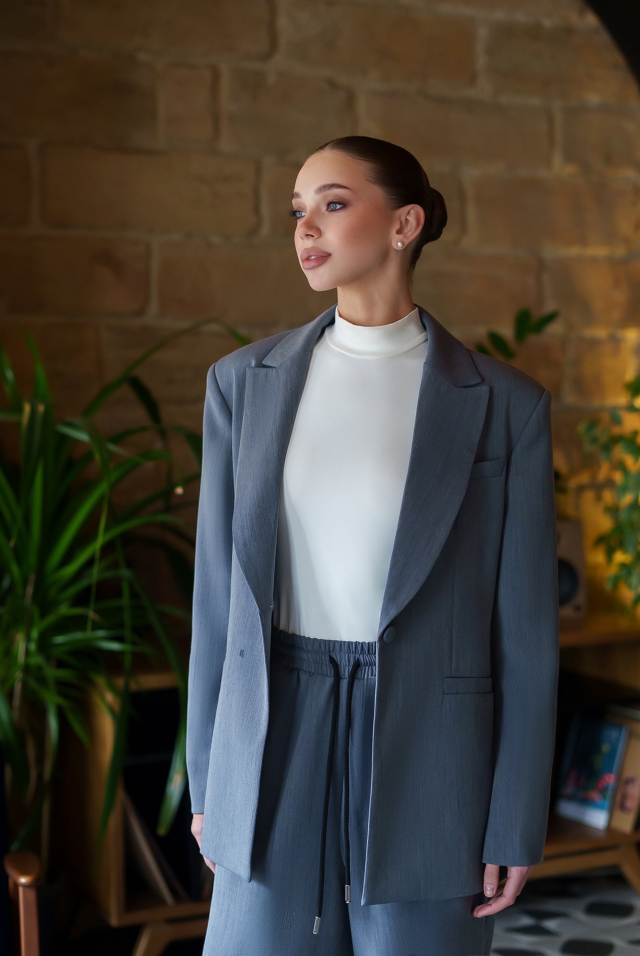 Monica Grey Peak Lapel Wide-Leg Suit 3-Piece - back view | ELAGIA