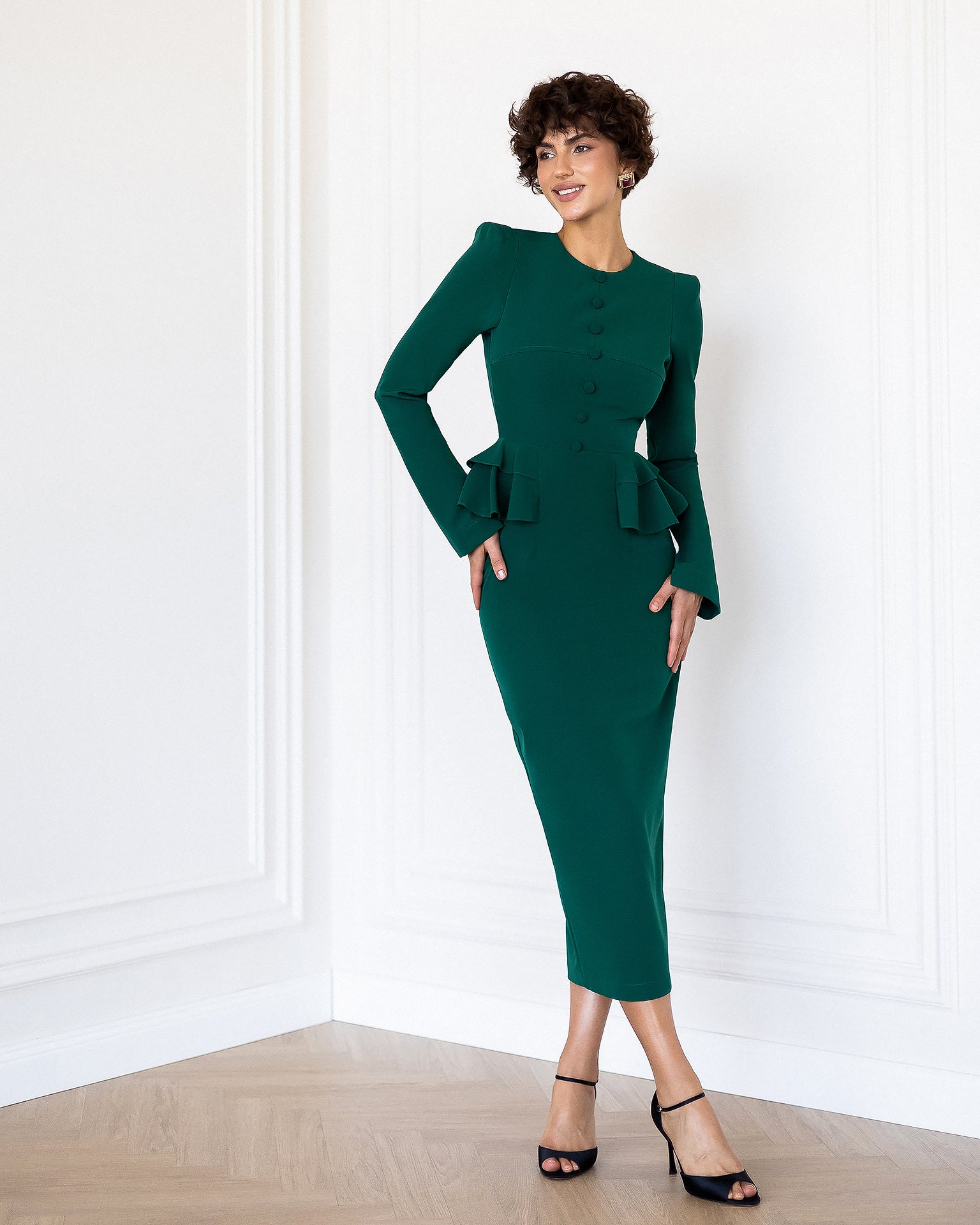 ELAGIA Paola emerald button-detail long sleeve peplum midi dress front view, 3 piece women's suit style