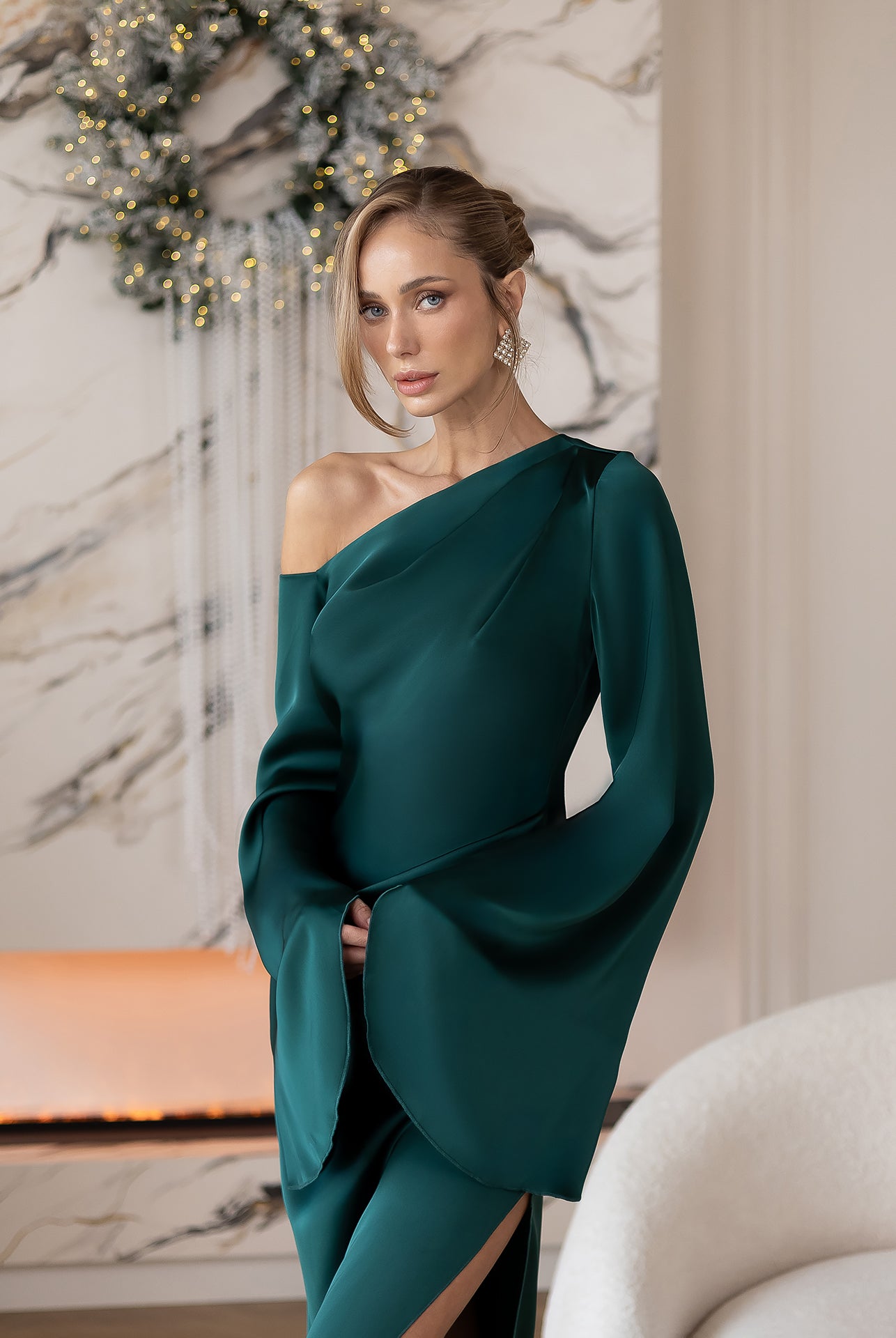 Celeste Emerald Satin Asymmetric One-Shoulder Midi Dress - back view | ELAGIA