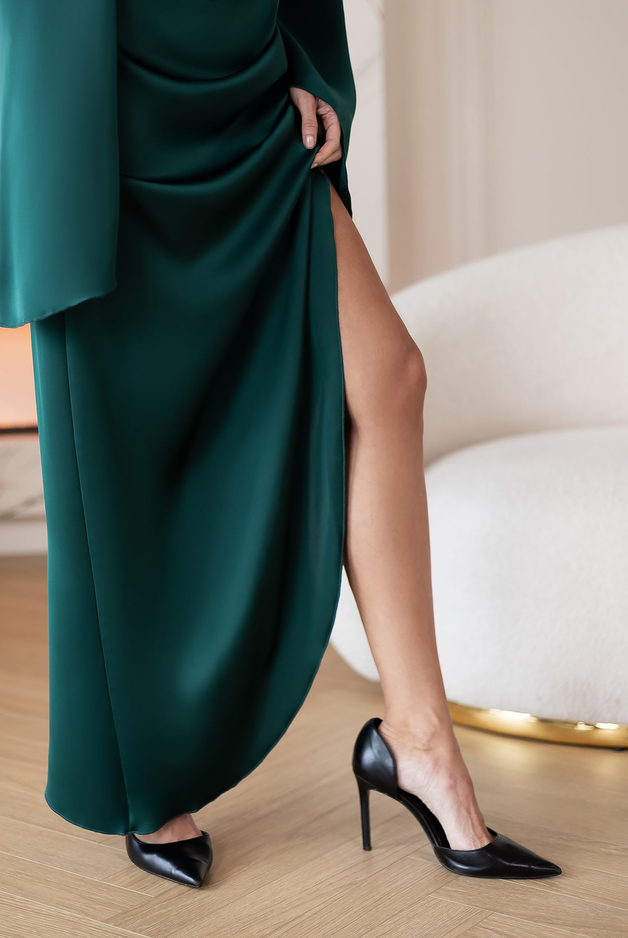 Celeste Emerald Satin Asymmetric One-Shoulder Midi Dress - styled look | ELAGIA