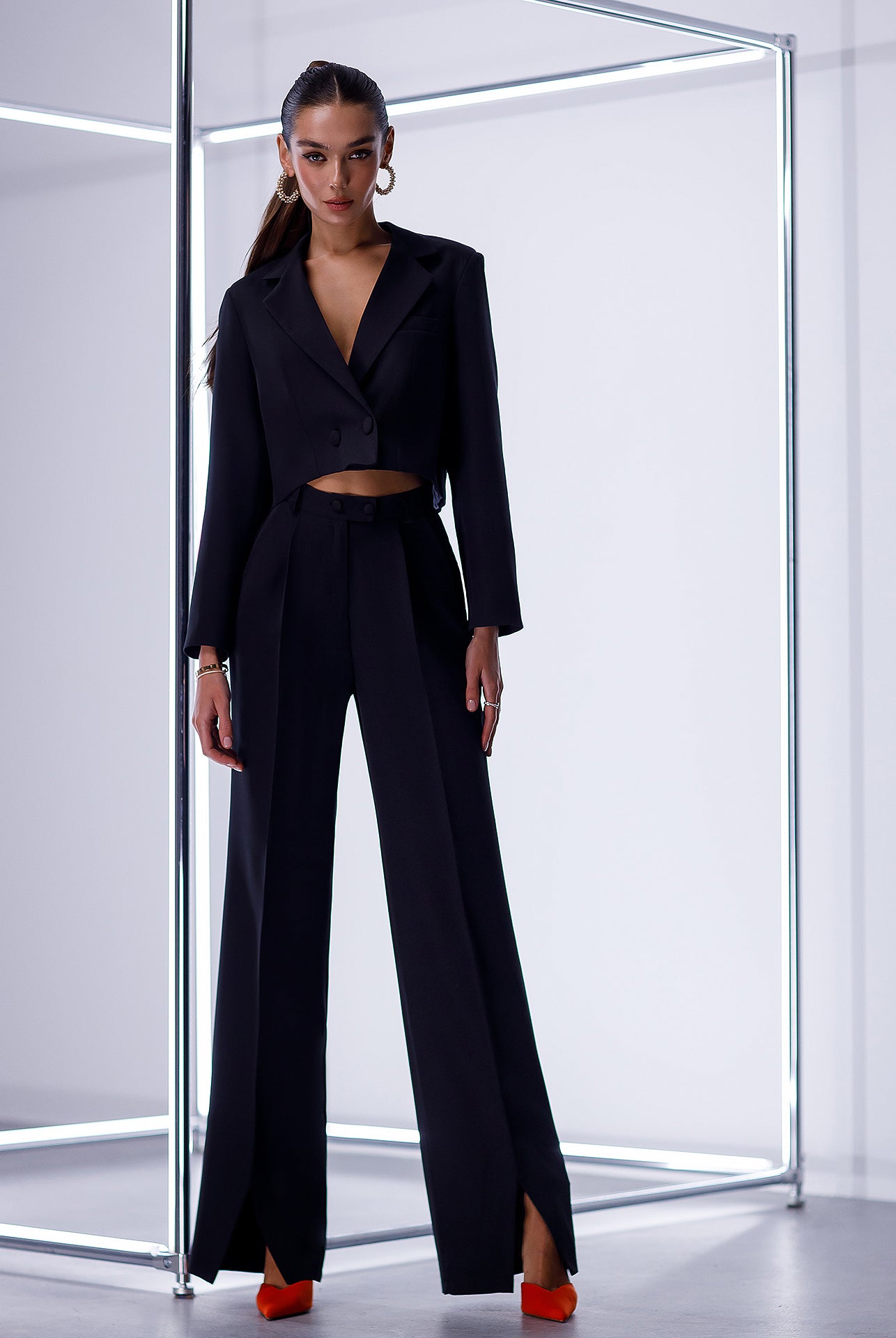 ELAGIA Black Crop Jacket Suit 2-Piece back view showing structured shoulders and cropped jacket silhouette