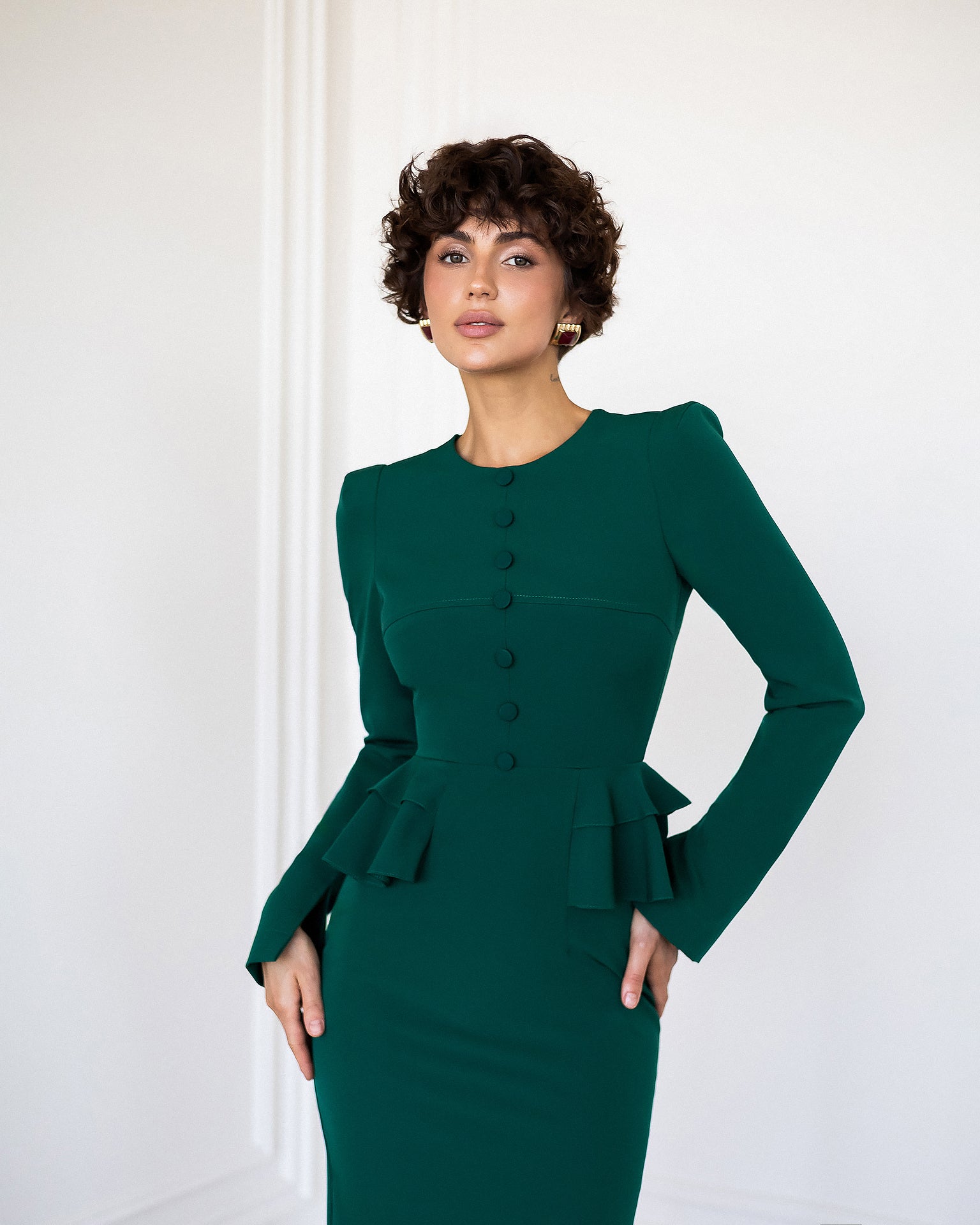 ELAGIA Paola emerald button-detail long sleeve peplum midi dress front angle, purple business suit women aesthetic