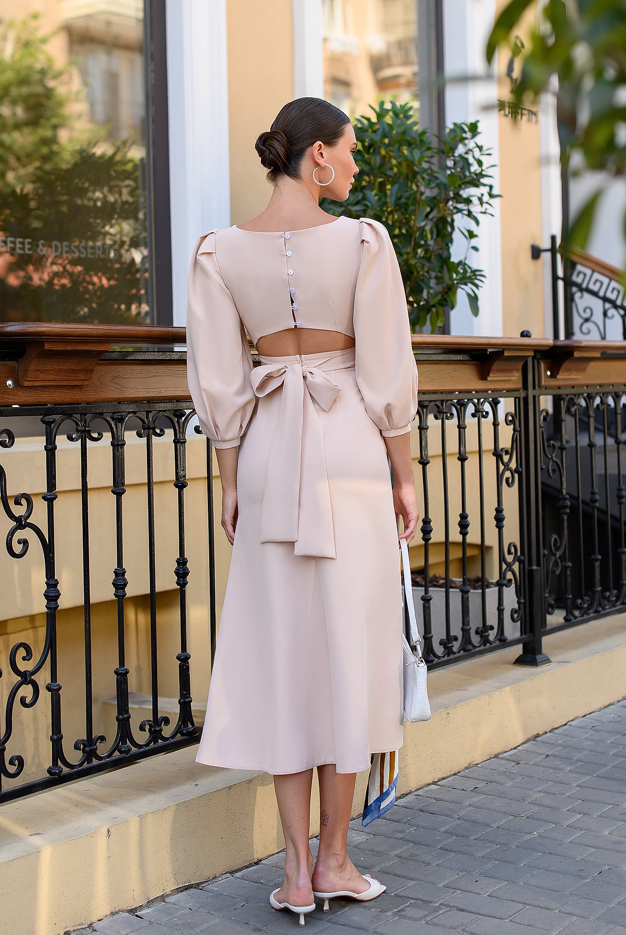 Julie Beige Puff-Sleeve Midi Dress - side view | ELAGIA