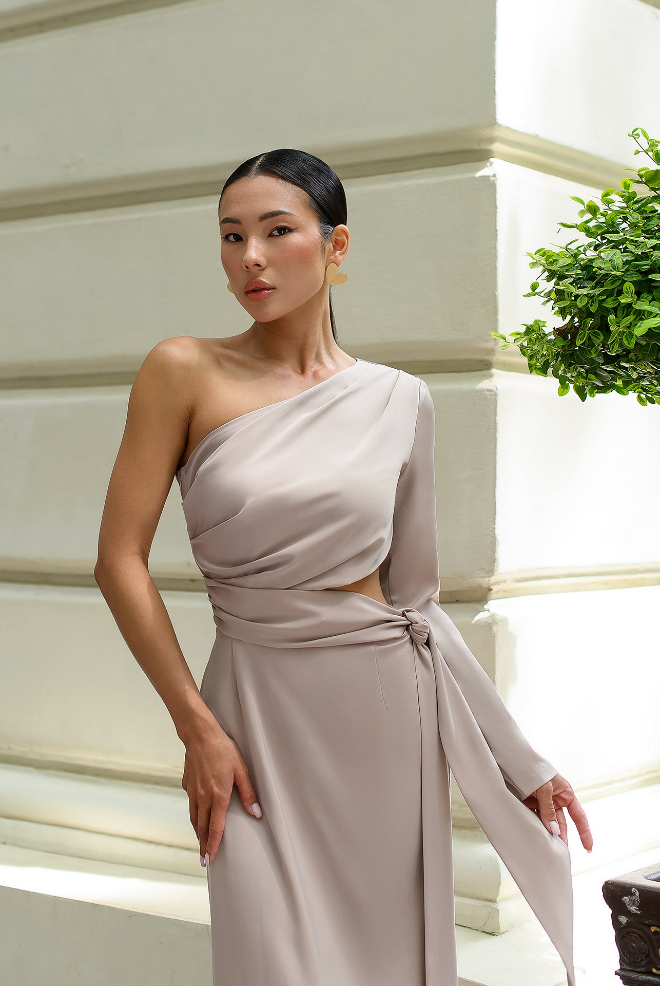 Beige Satin One-Shoulder Cut-Out Midi Dress - Back View | ELAGIA