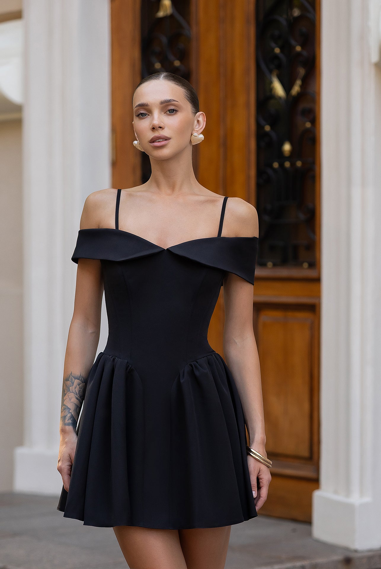 Black Off-The-Shoulder Mini Dress - back view | ELAGIA