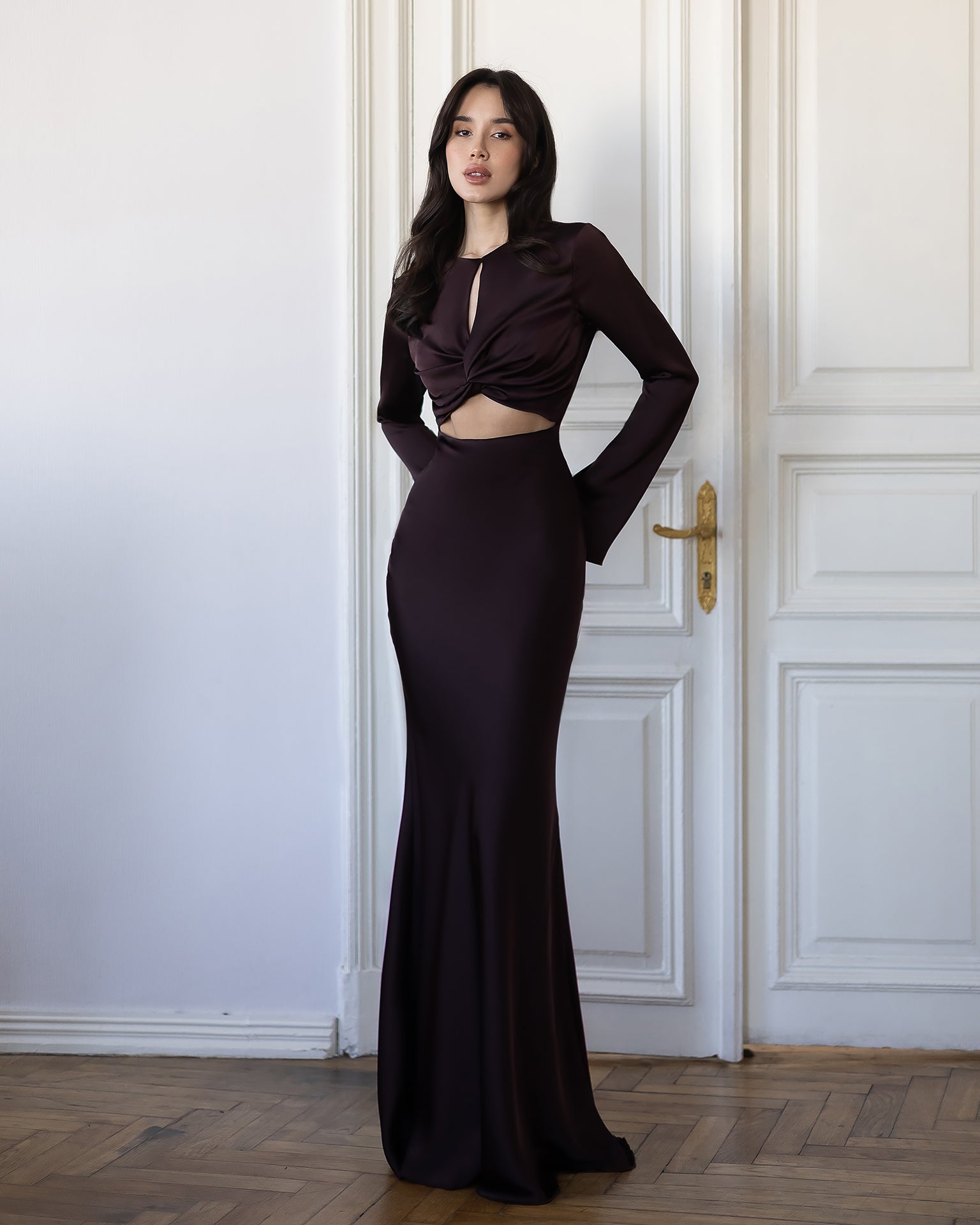ELAGIA Novelle Brown Satin Twist-Front Cut-Out Maxi Dress front view - 3 piece women's suit purple business suit women
