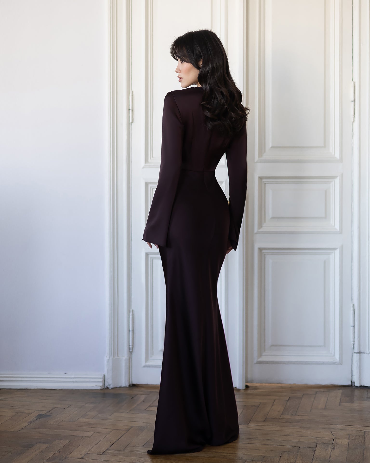 ELAGIA Novelle Brown Satin Twist-Front Cut-Out Maxi Dress back view - 3 piece women's suit purple business suit women