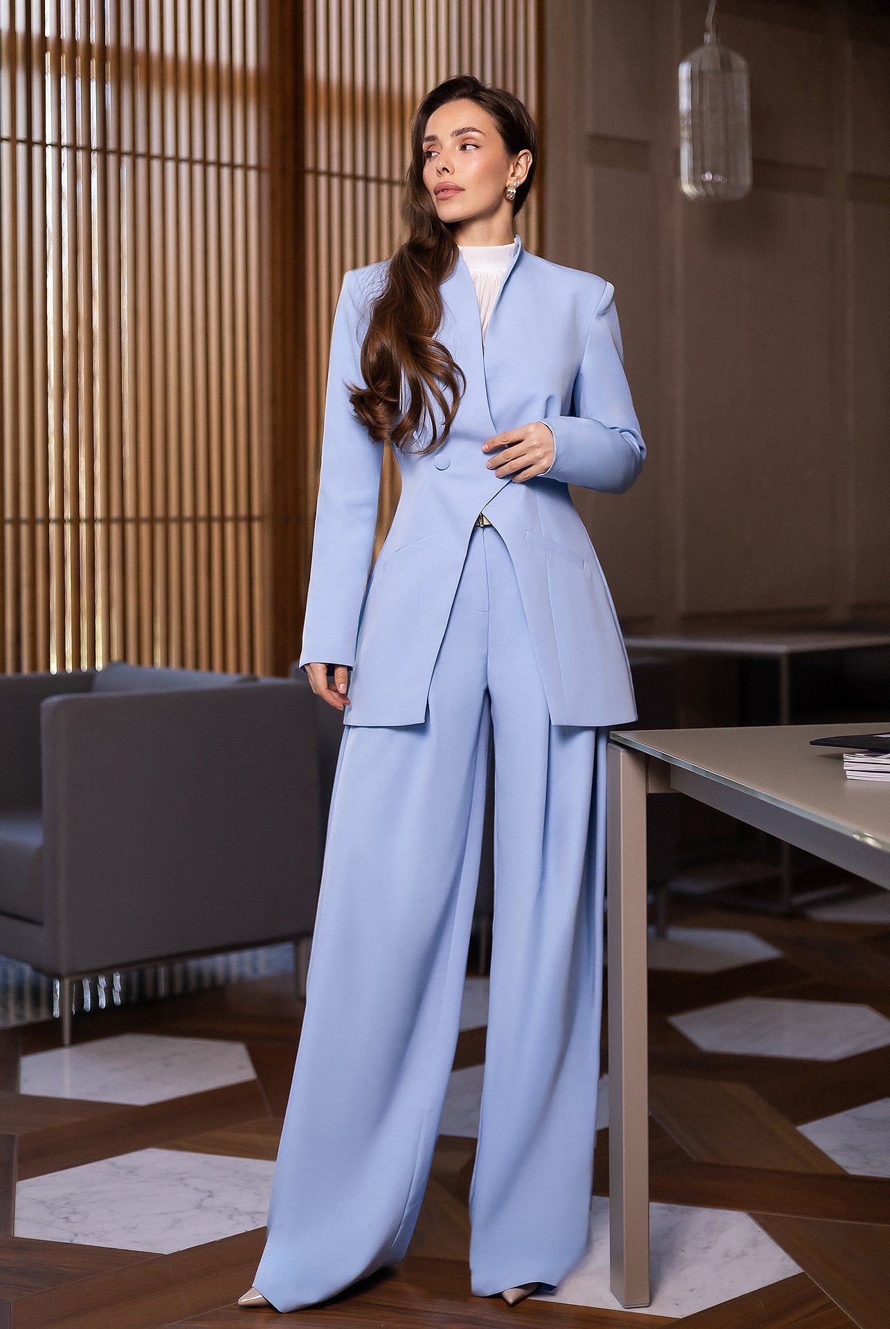 ELAGIA Avra Sky-Blue Asymmetric Double-Breasted Longline Blazer Suit 2-Piece texture detail - 3 piece women's suit