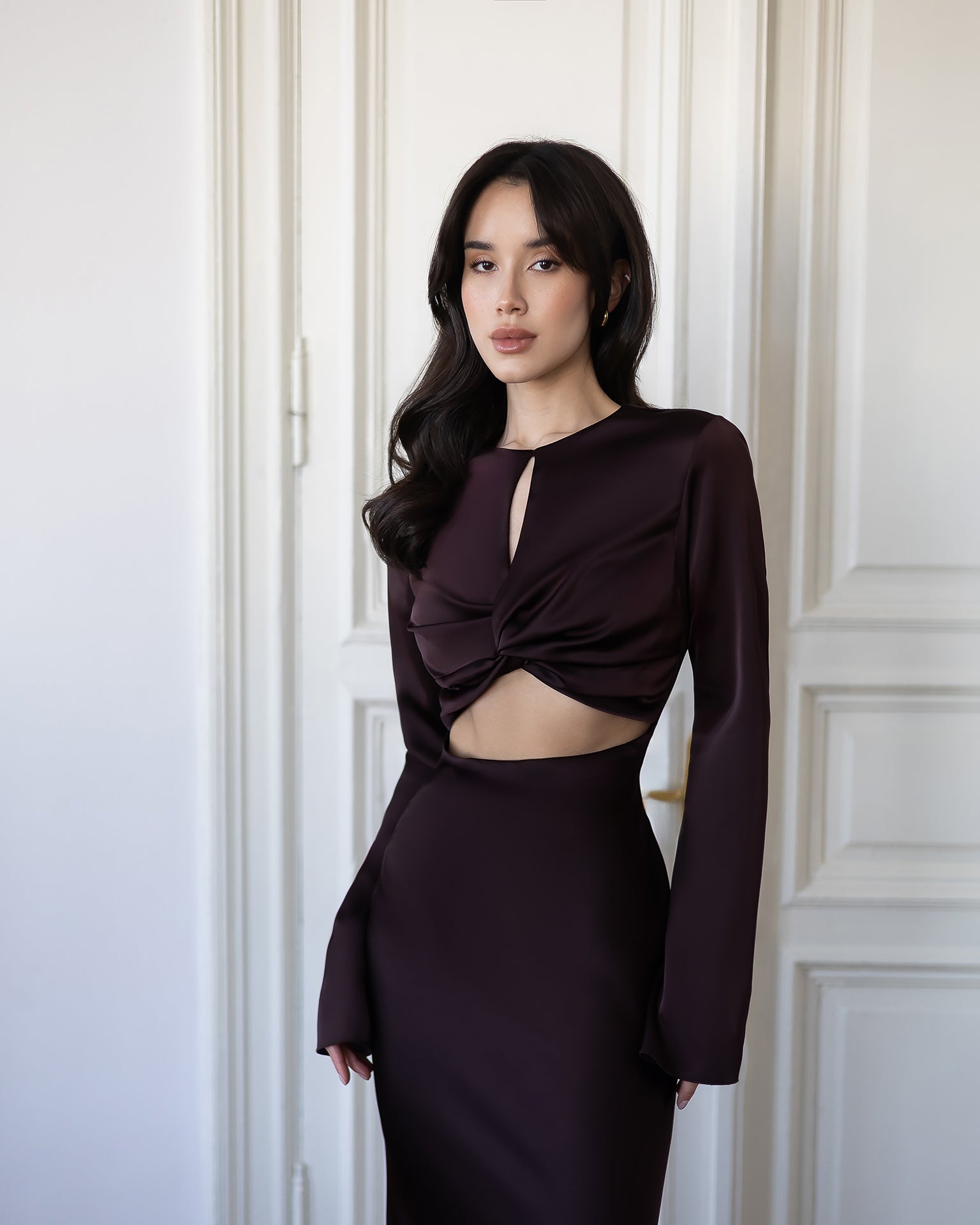 ELAGIA Novelle Brown Satin Twist-Front Cut-Out Maxi Dress detail - 3 piece women's suit purple business suit women