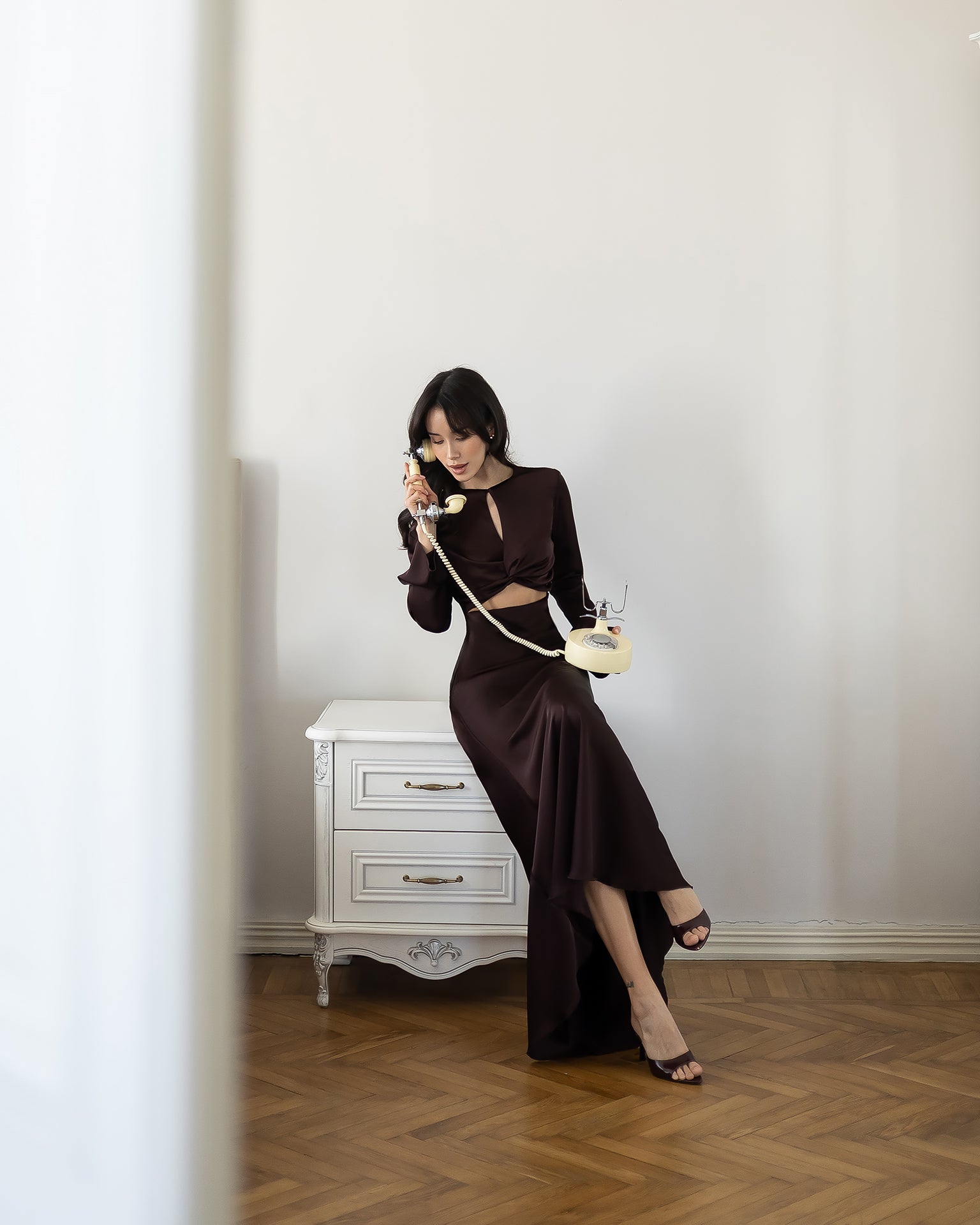 ELAGIA Novelle Brown Satin Twist-Front Cut-Out Maxi Dress detail - 3 piece women's suit purple business suit women