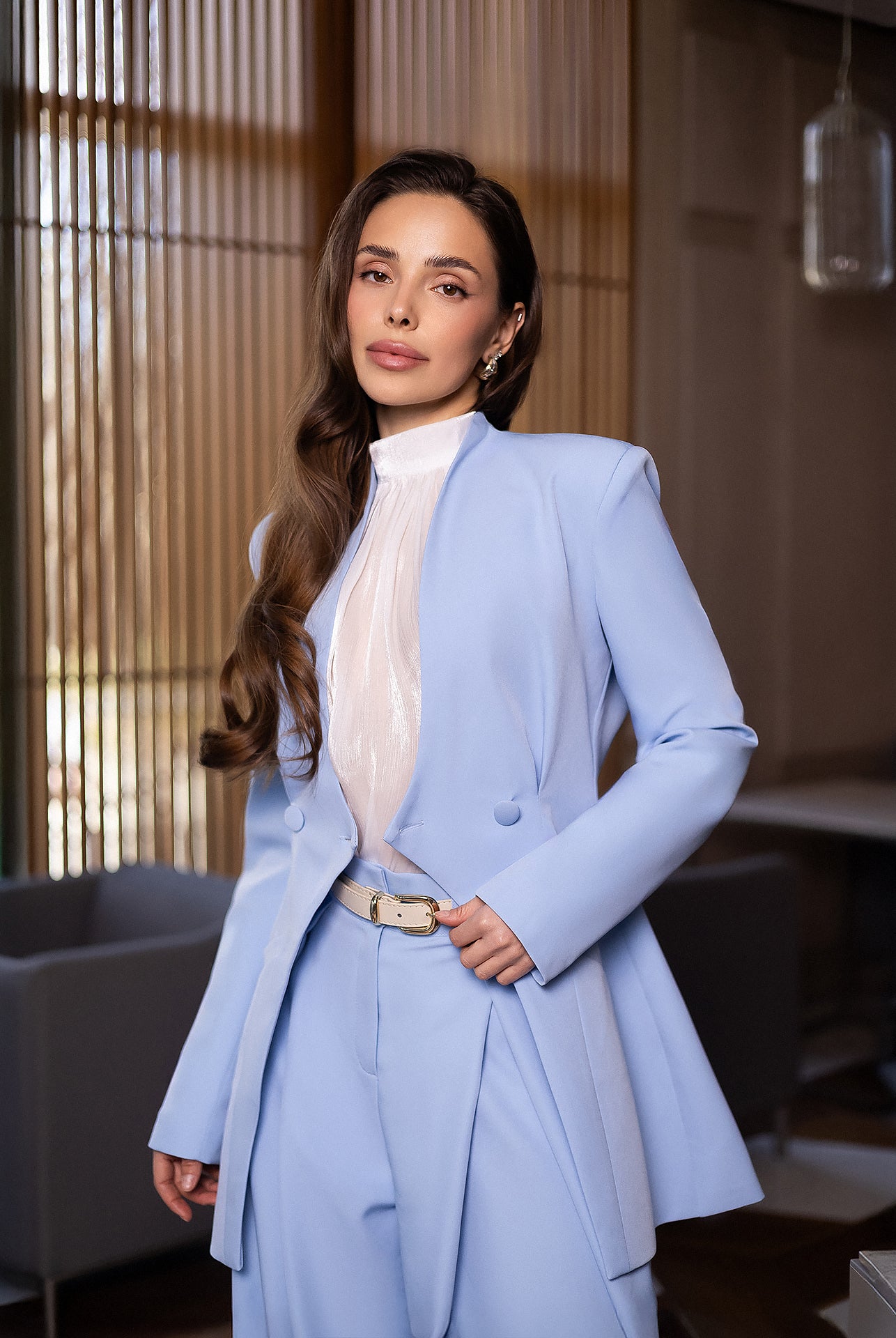 ELAGIA Avra sky-blue asymmetric double-breasted longline blazer suit 2-piece front view - 3 piece women's suit