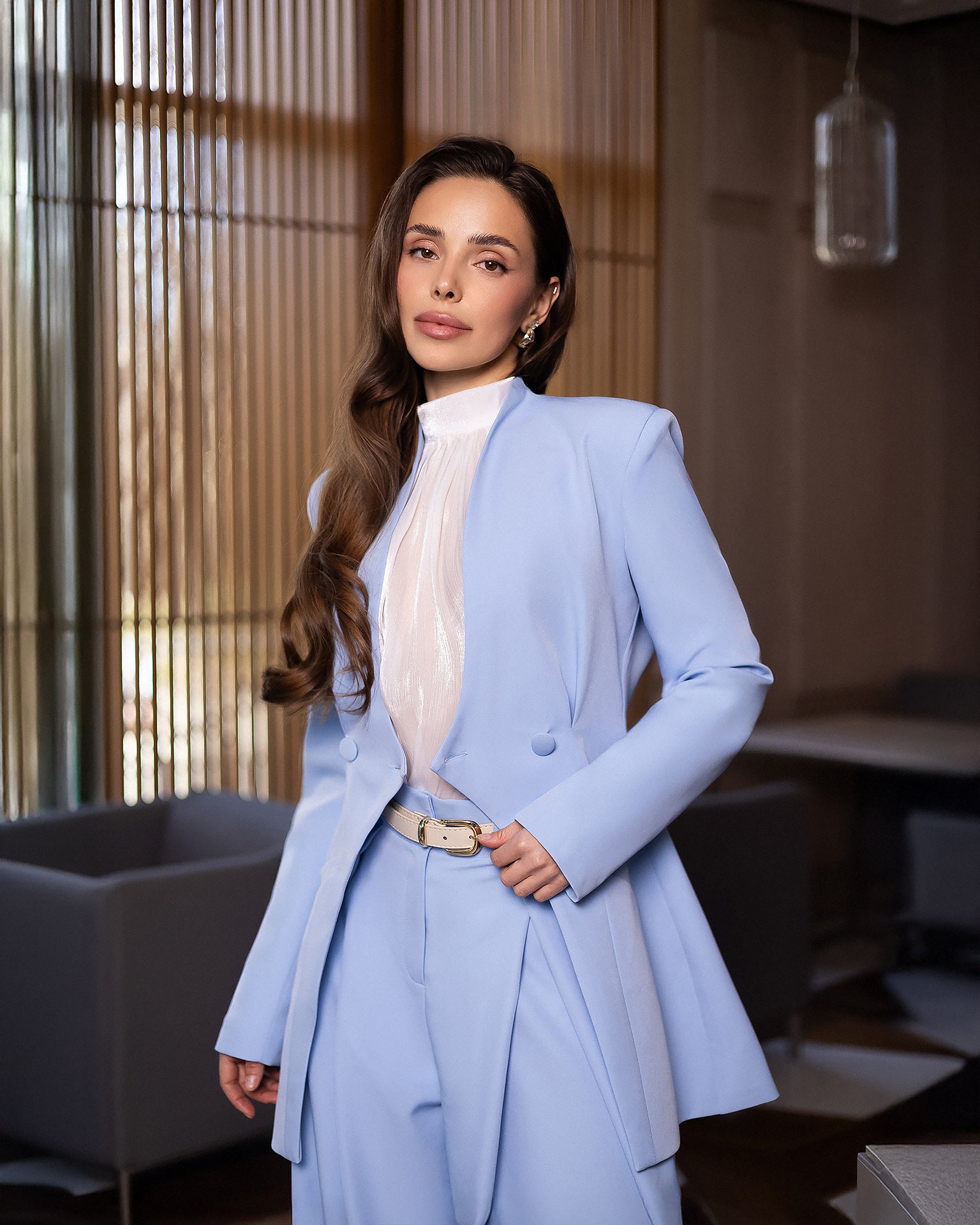 ELAGIA Avra sky-blue asymmetric double-breasted longline blazer suit 2-piece front view - 3 piece women's suit