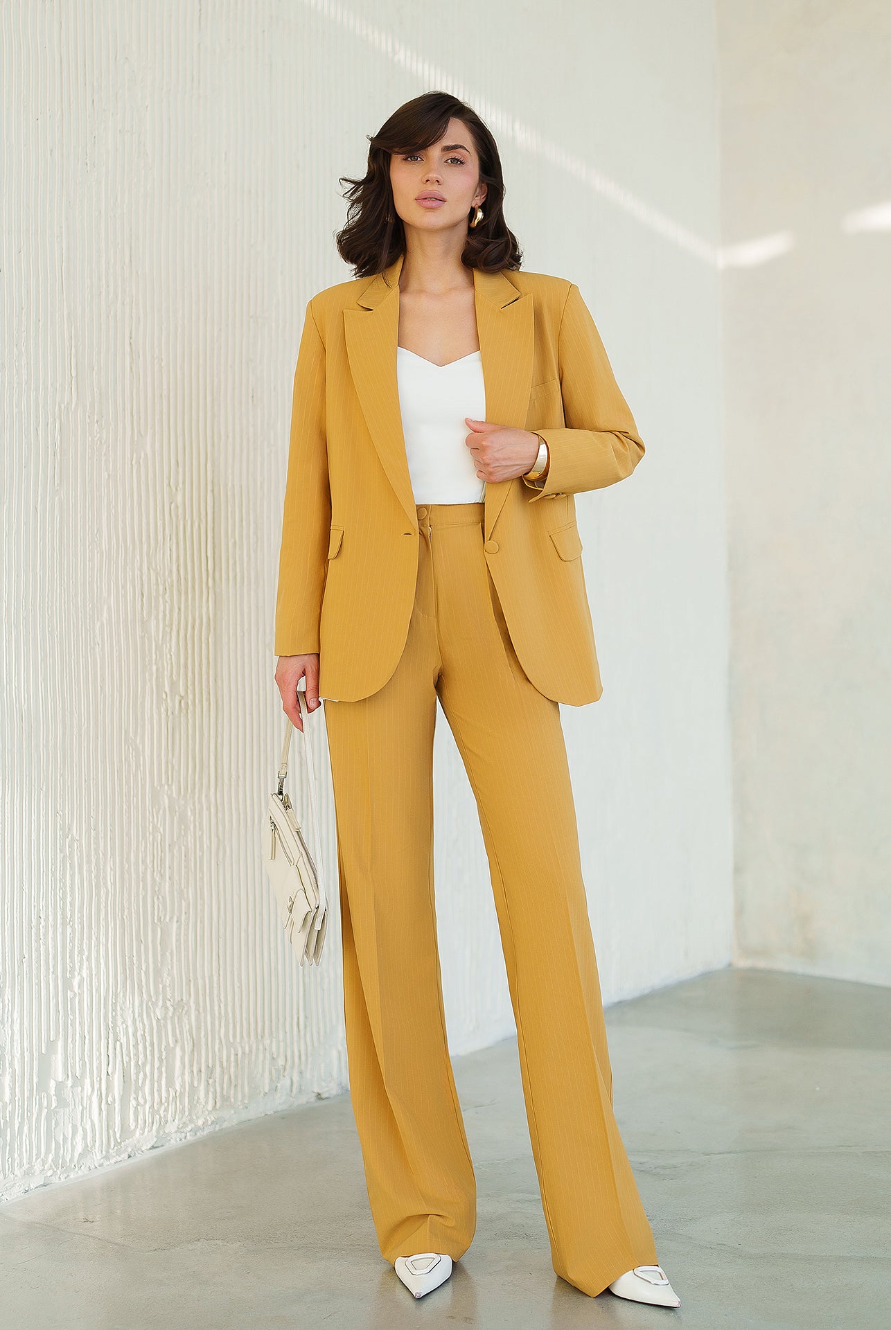 Gloria Mustard Striped Single-Breasted Suit 2-Piece - front view | ELAGIA