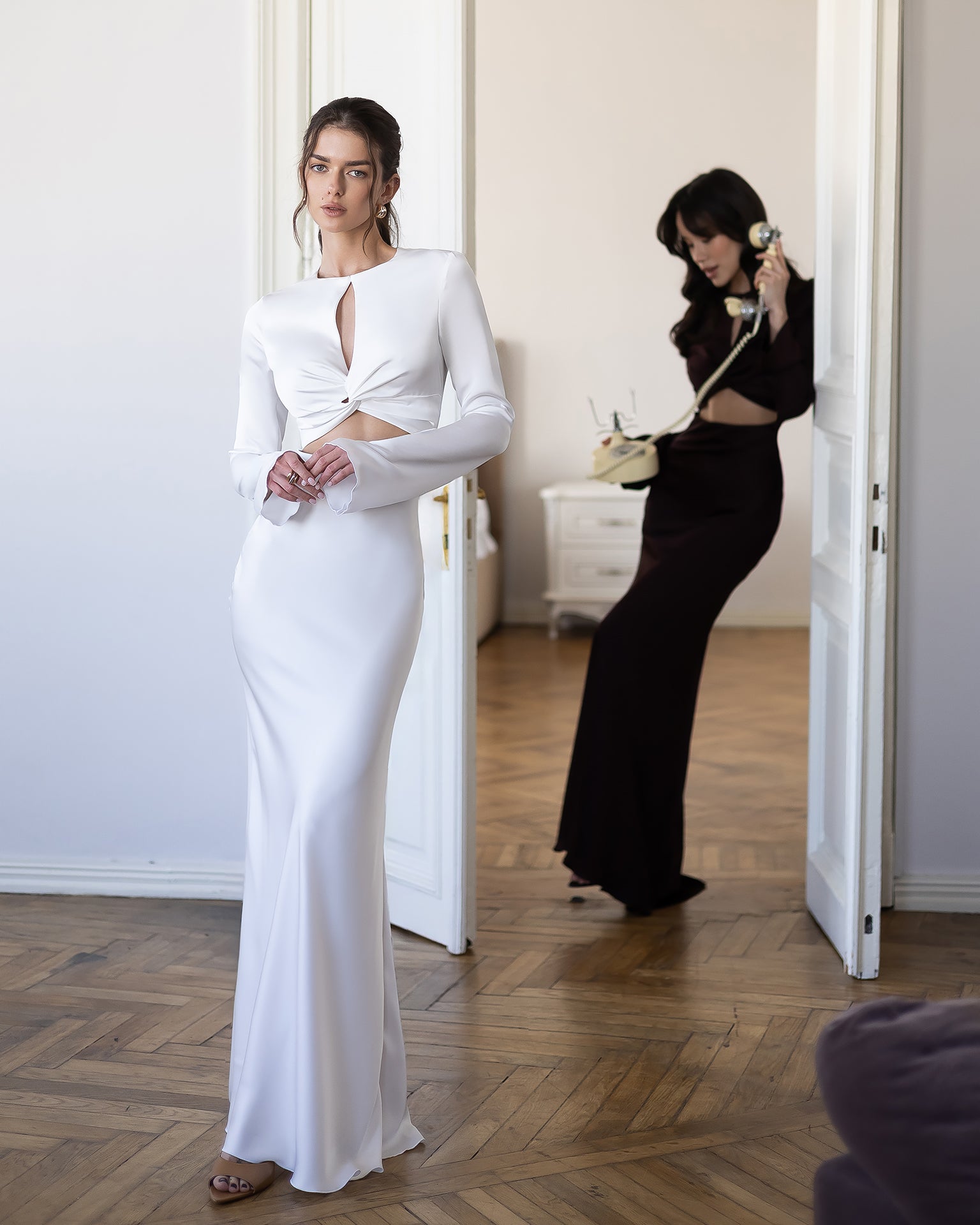 ELAGIA Novelle White Satin Twist-Front Cut-Out Maxi Dress fabric detail - designer 3 piece women's suit purple business suit