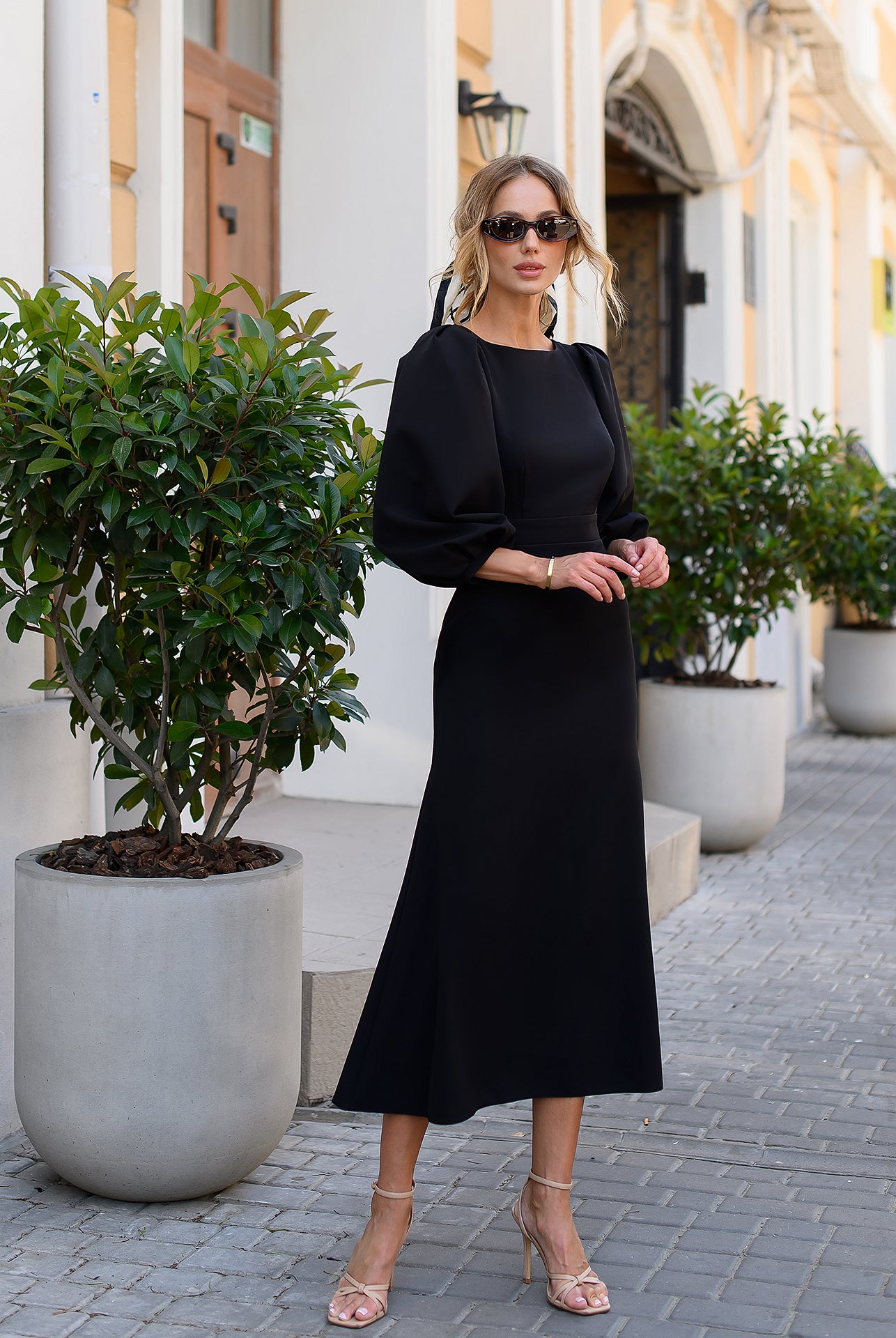 Julie Black Puff-Sleeve Midi Dress - back view | ELAGIA