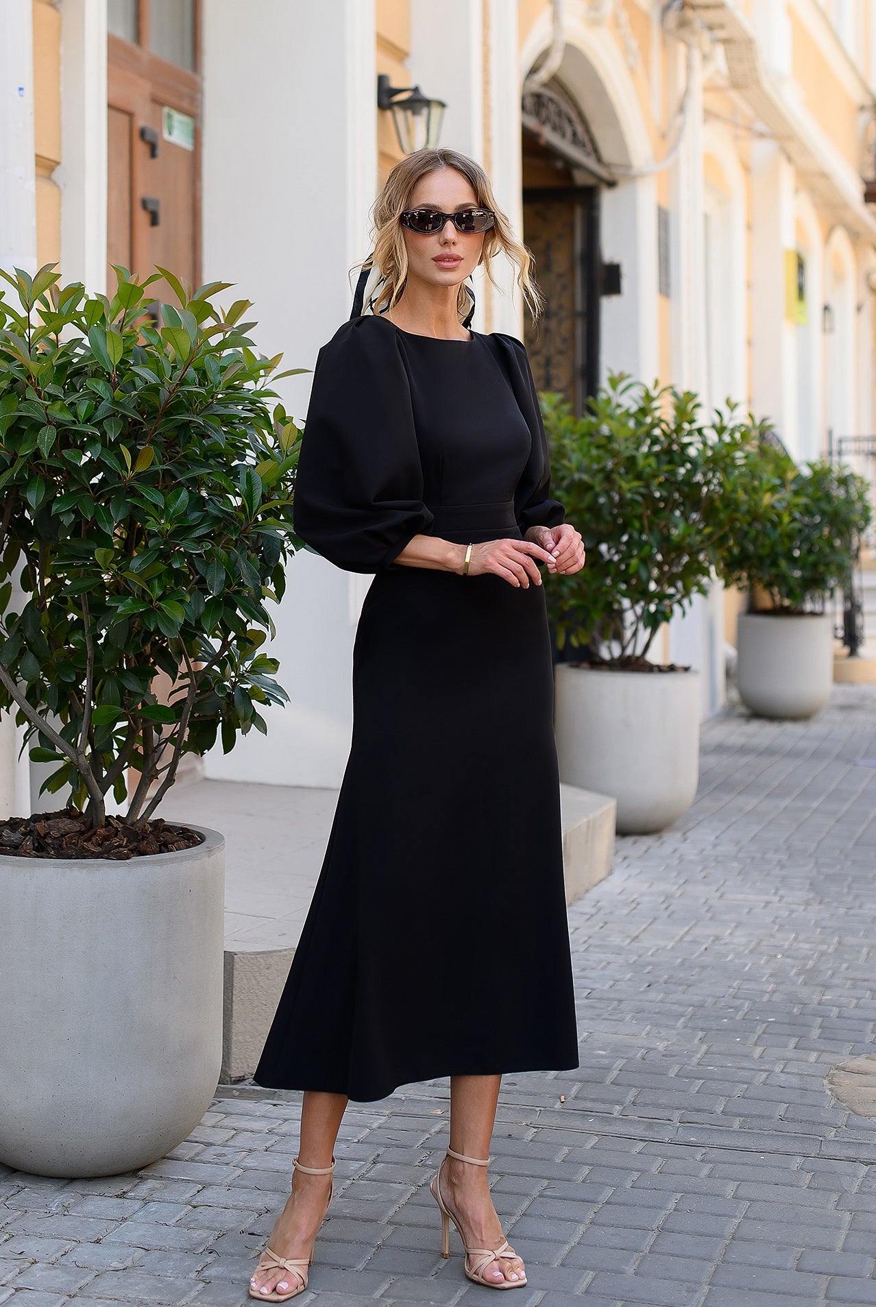 Julie Black Puff-Sleeve Midi Dress - front view | ELAGIA