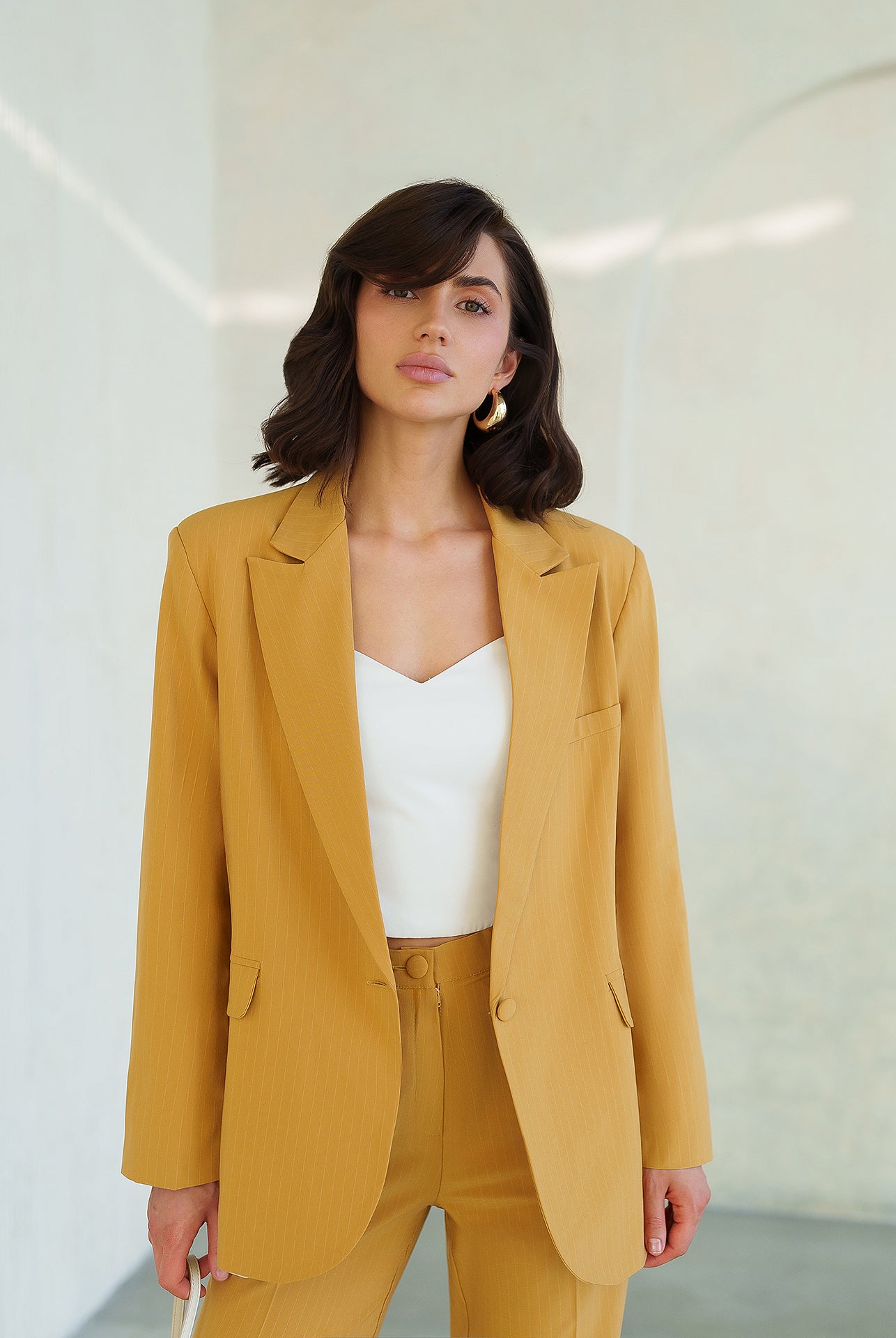 Gloria Mustard Striped Single-Breasted Suit 2-Piece - close-up detail | ELAGIA