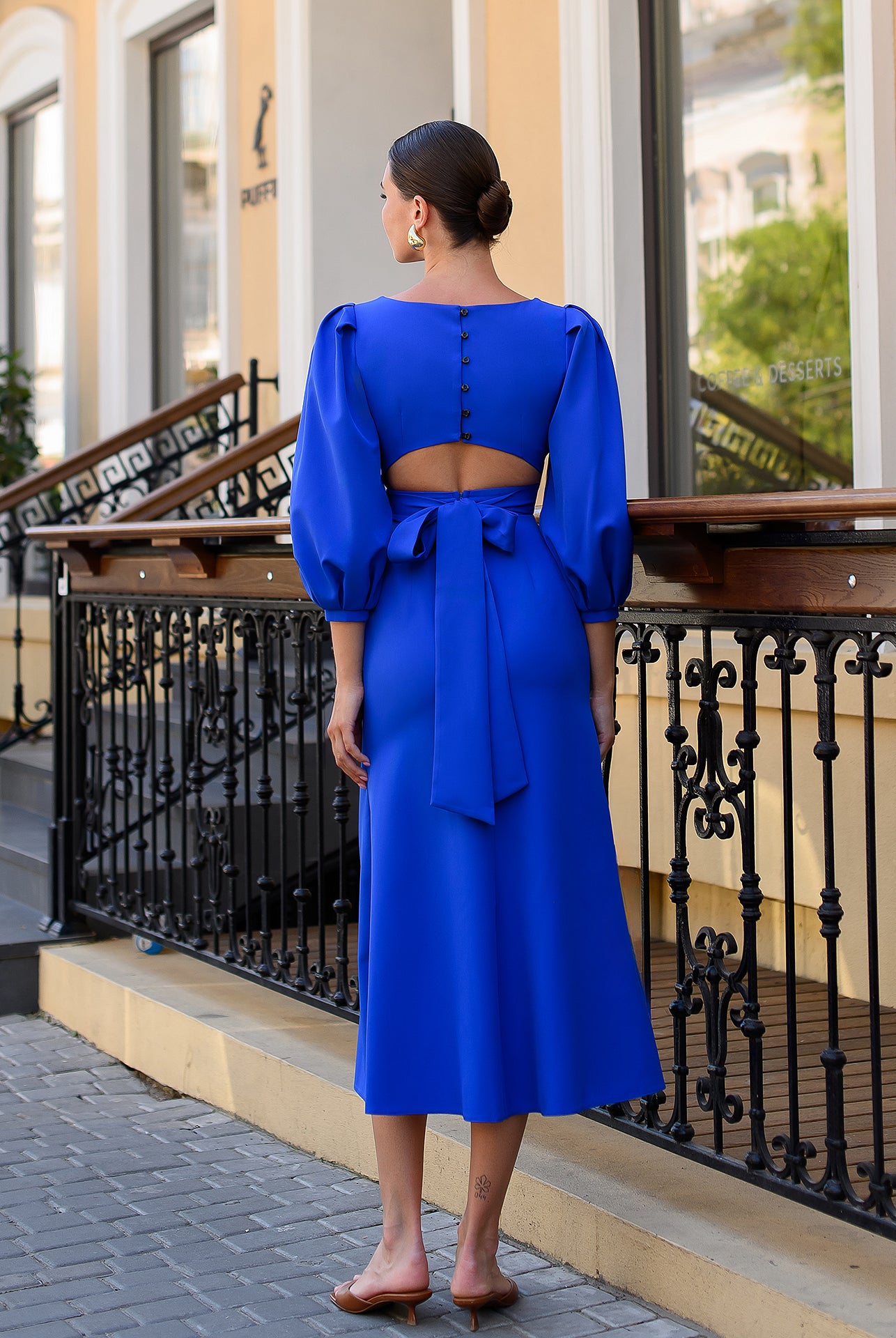 Julie Blue Puff-Sleeve Midi Dress - side view | ELAGIA